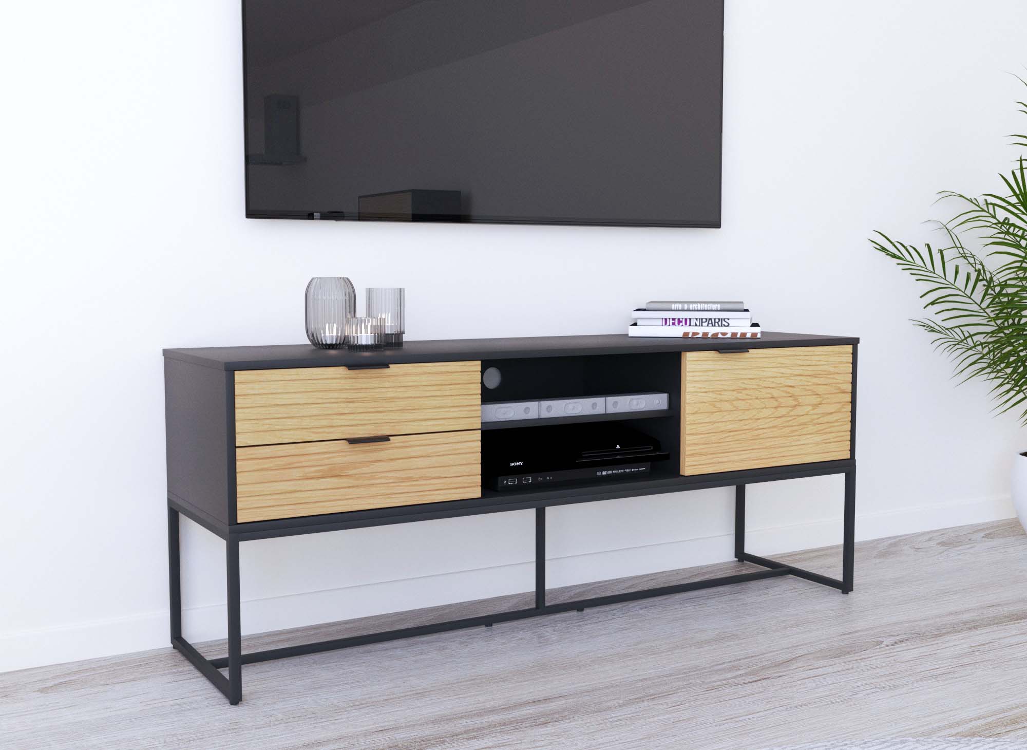 Mueble de TV TISSIA con 2 cajones y 1 puerta, fabricado en madera clara y metal negro.
