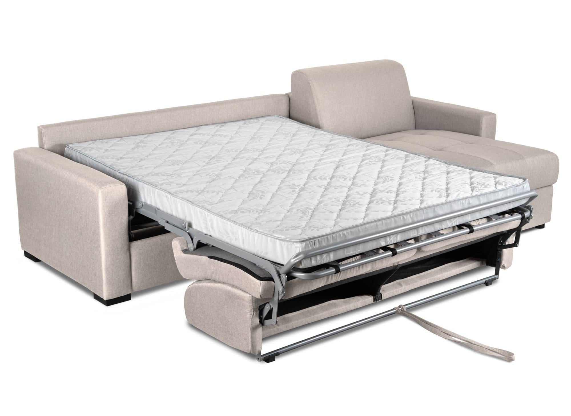 Sofá cama esquinero reversible LOUNA en tela beige con compartimento de almacenamiento