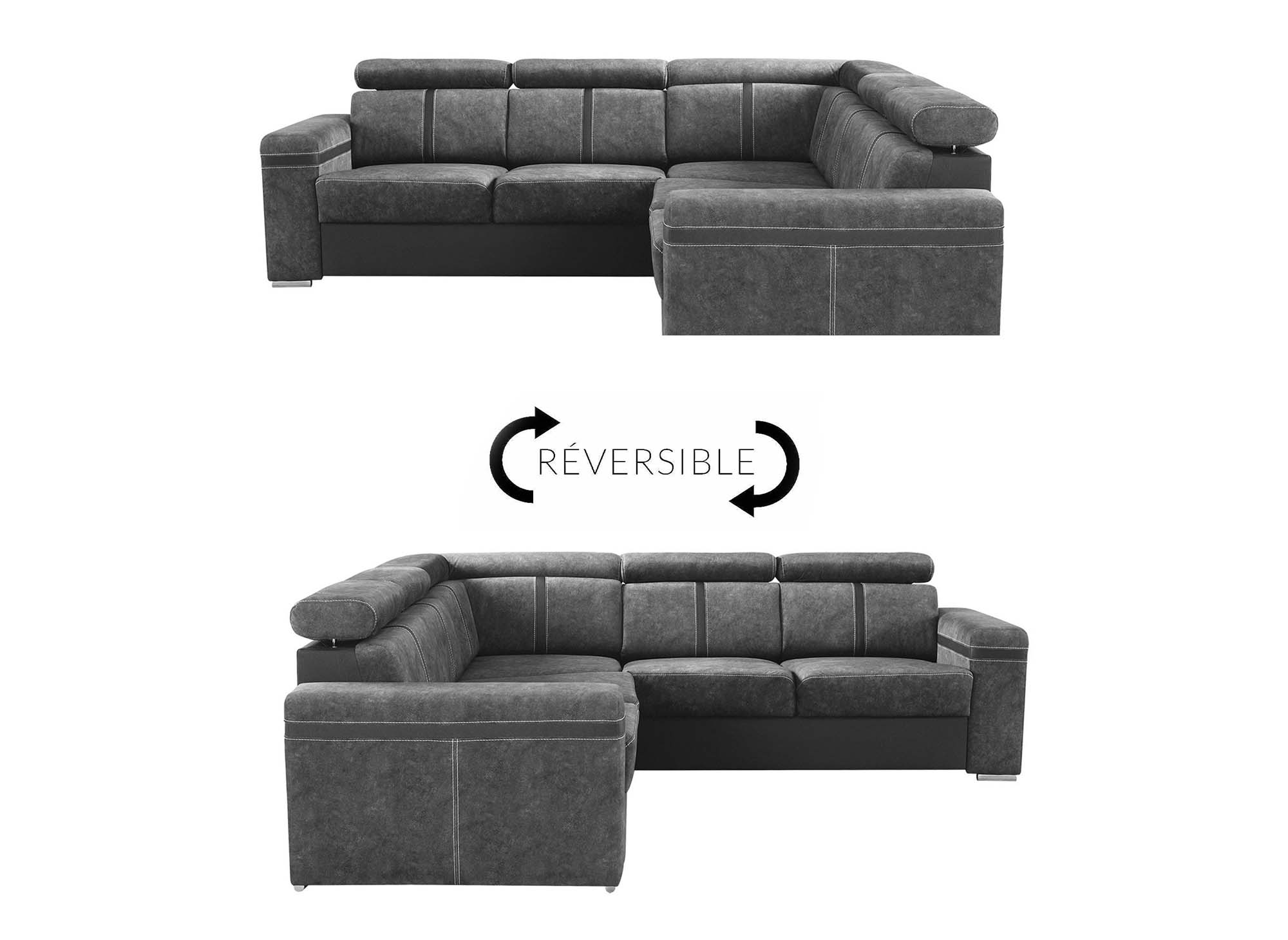 Sofá esquinero convertible y reversible MERYL en tela gris oscuro