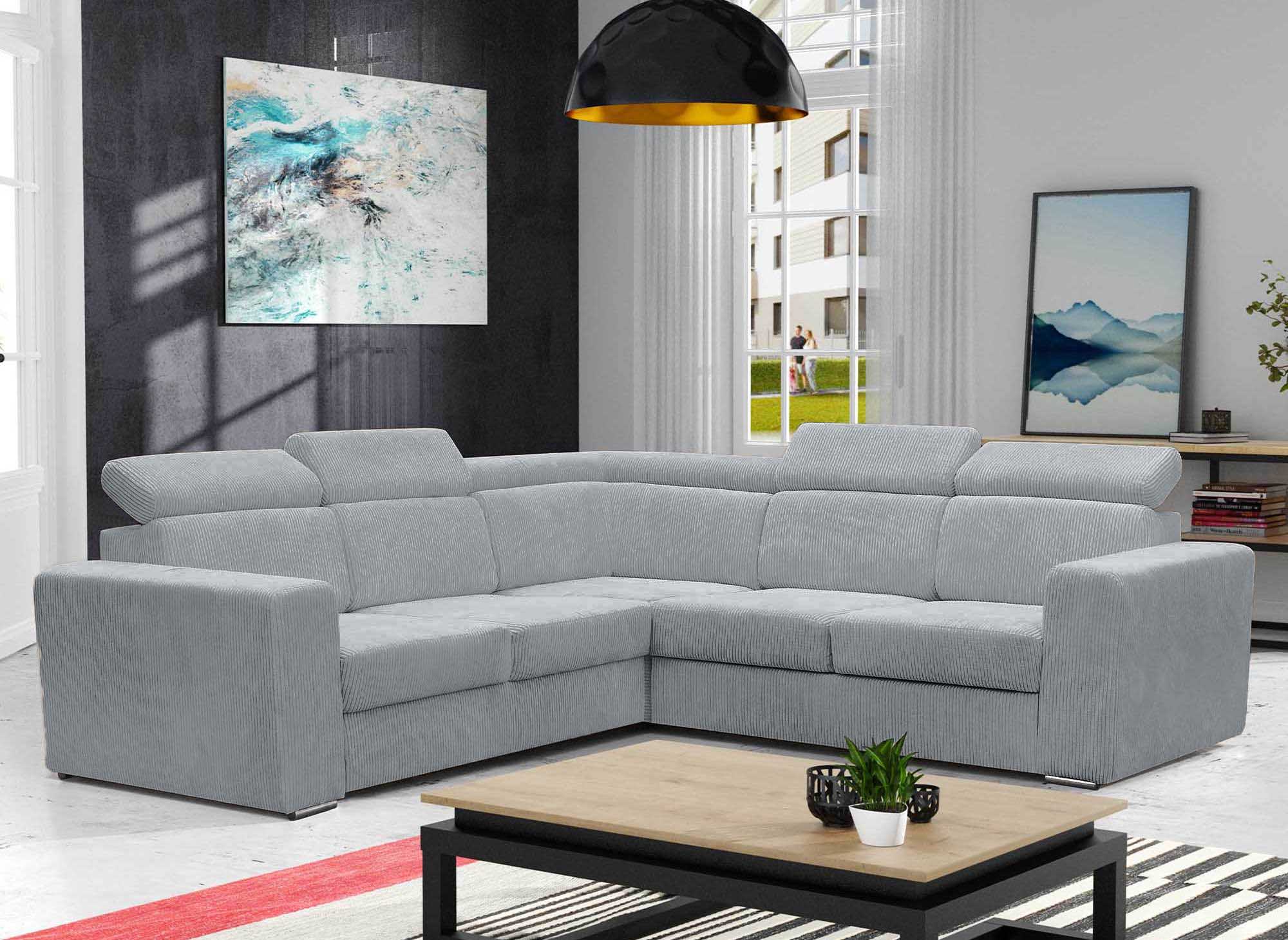 Sofá esquinero convertible y reversible MERYL en pana gris claro