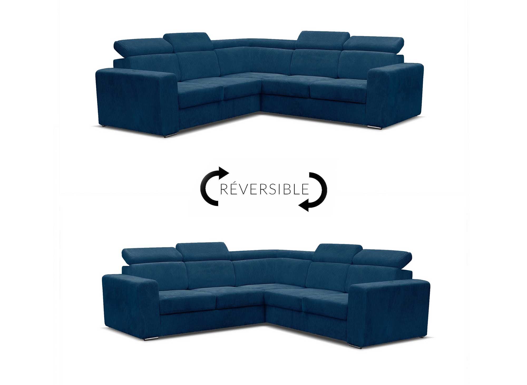 Sofá esquinero convertible y reversible MERYL en pana azul