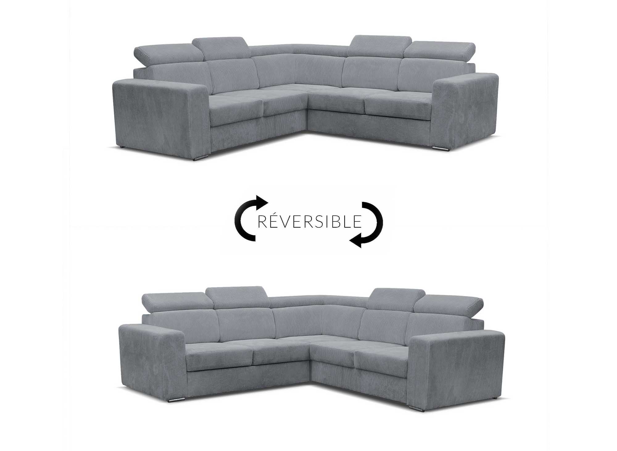 Sofá esquinero convertible y reversible MERYL en pana gris claro