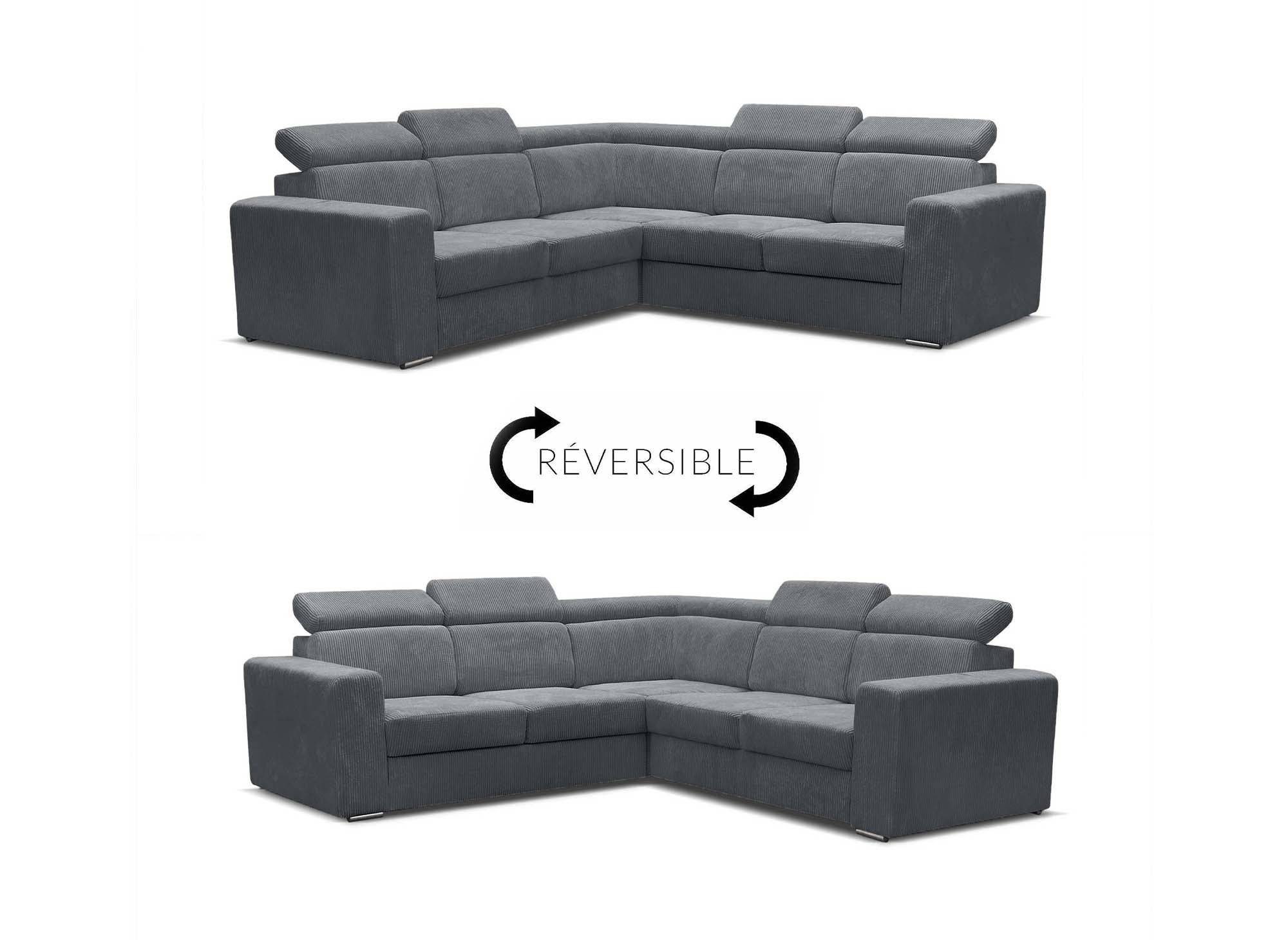 Sofá esquinero convertible y reversible MERYL en pana gris oscuro