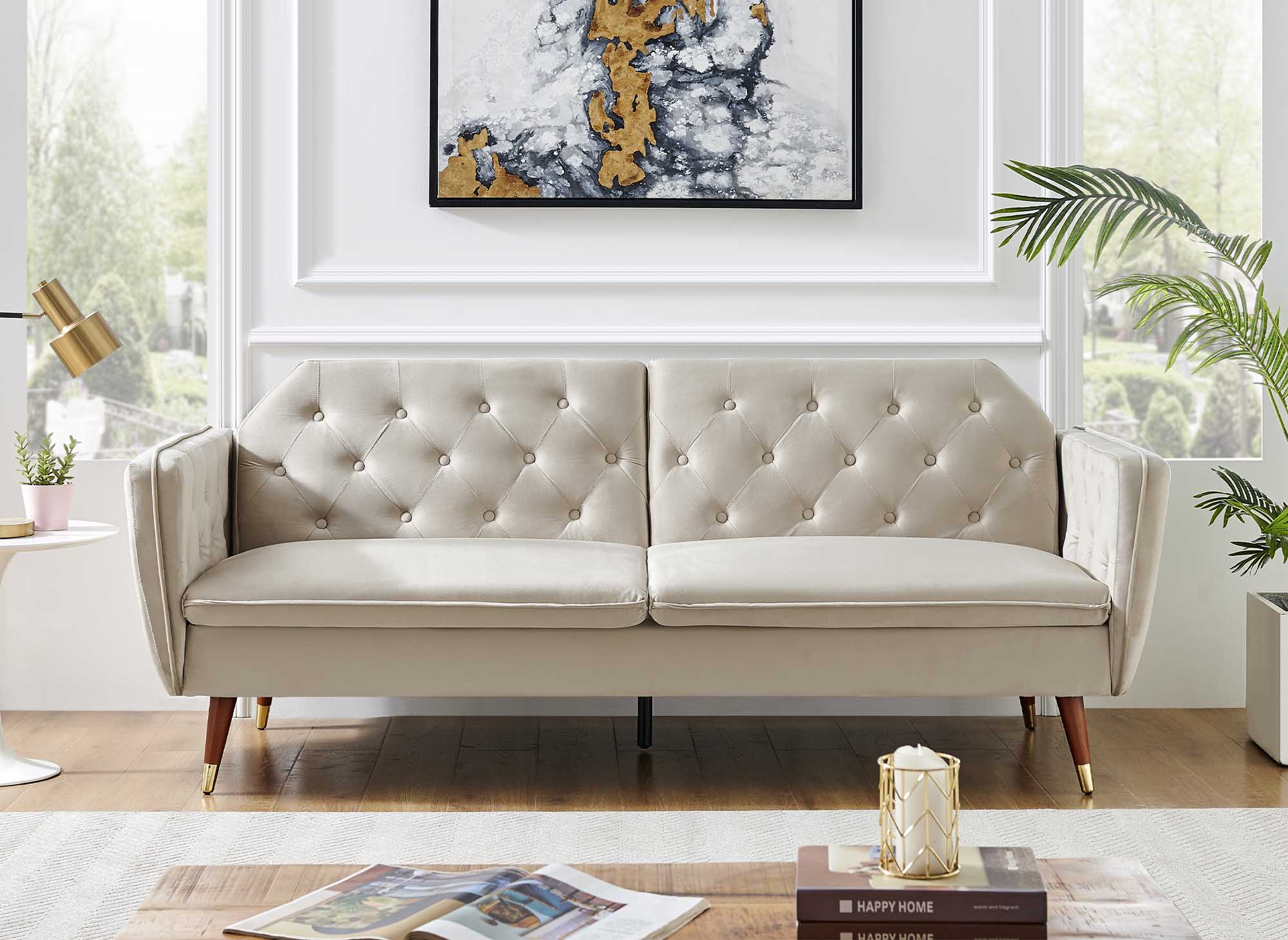 Sofá cama convertible ARIANE de 3 plazas en tela de terciopelo beige