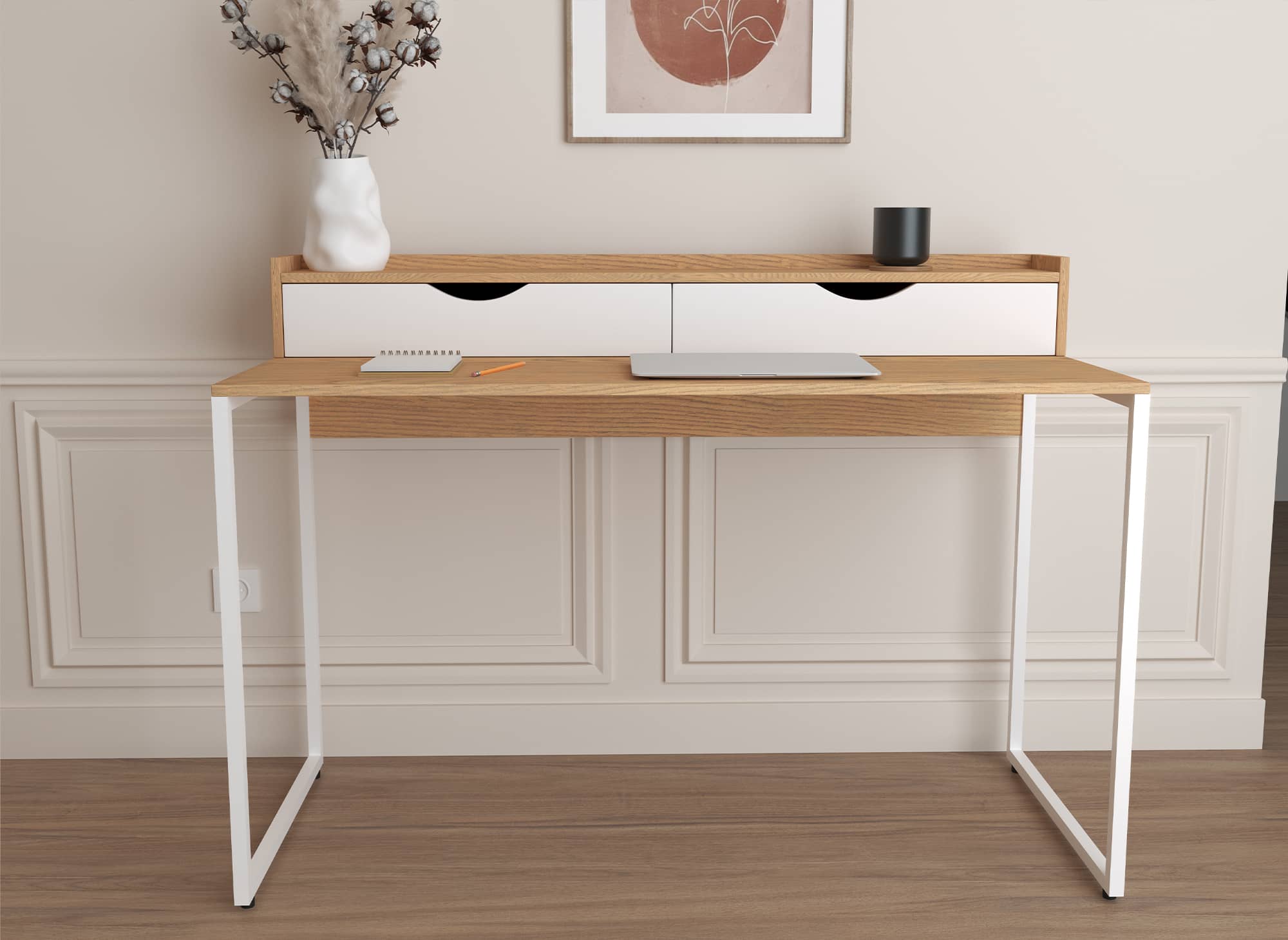 Escritorio escandinavo con almacenamiento de madera y metal NORBERT