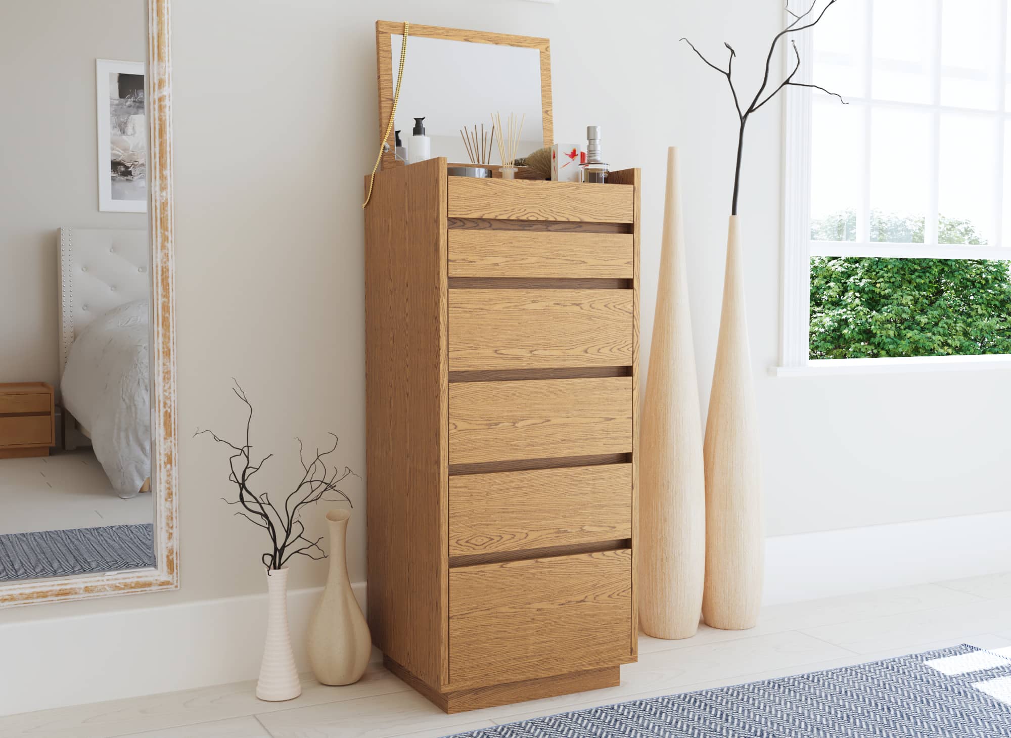 Cómoda SACHA de 5 cajones con tocador en madera color roble