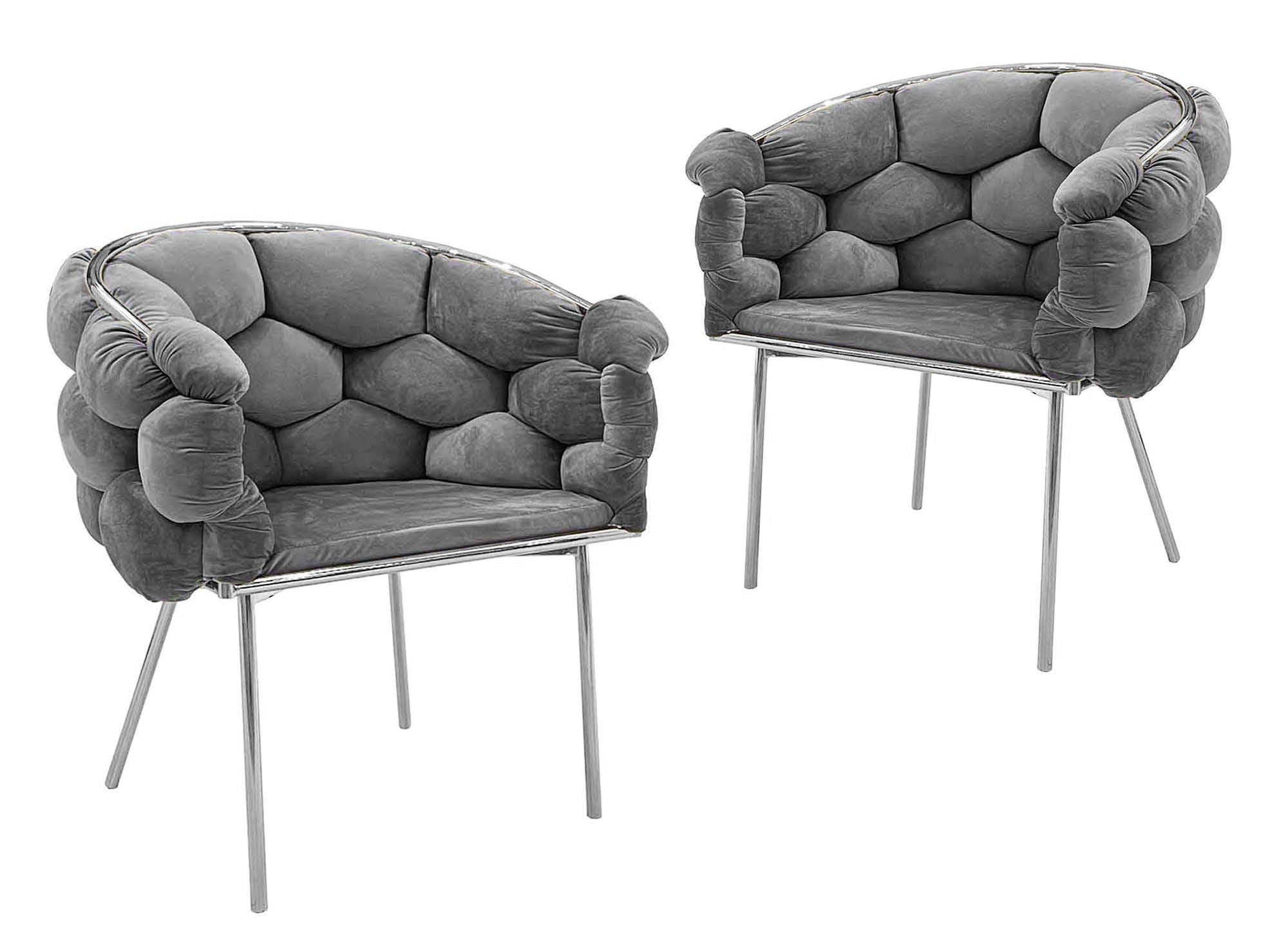 Juego de 2 sillas CHARLOTTE en terciopelo gris con patas de metal plateado