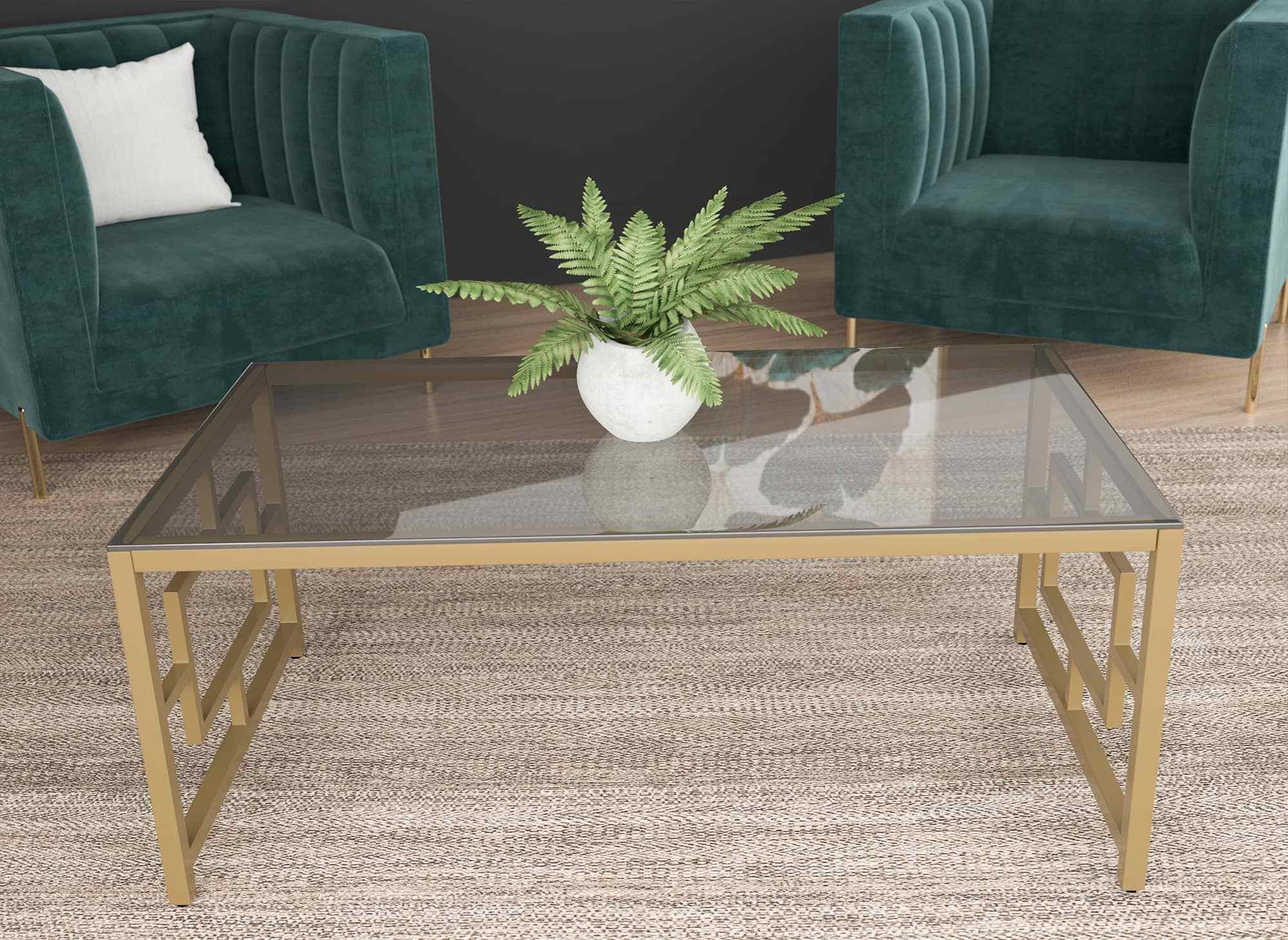 Mesa de centro rectangular de diseño PABLO en cristal negro y metal dorado