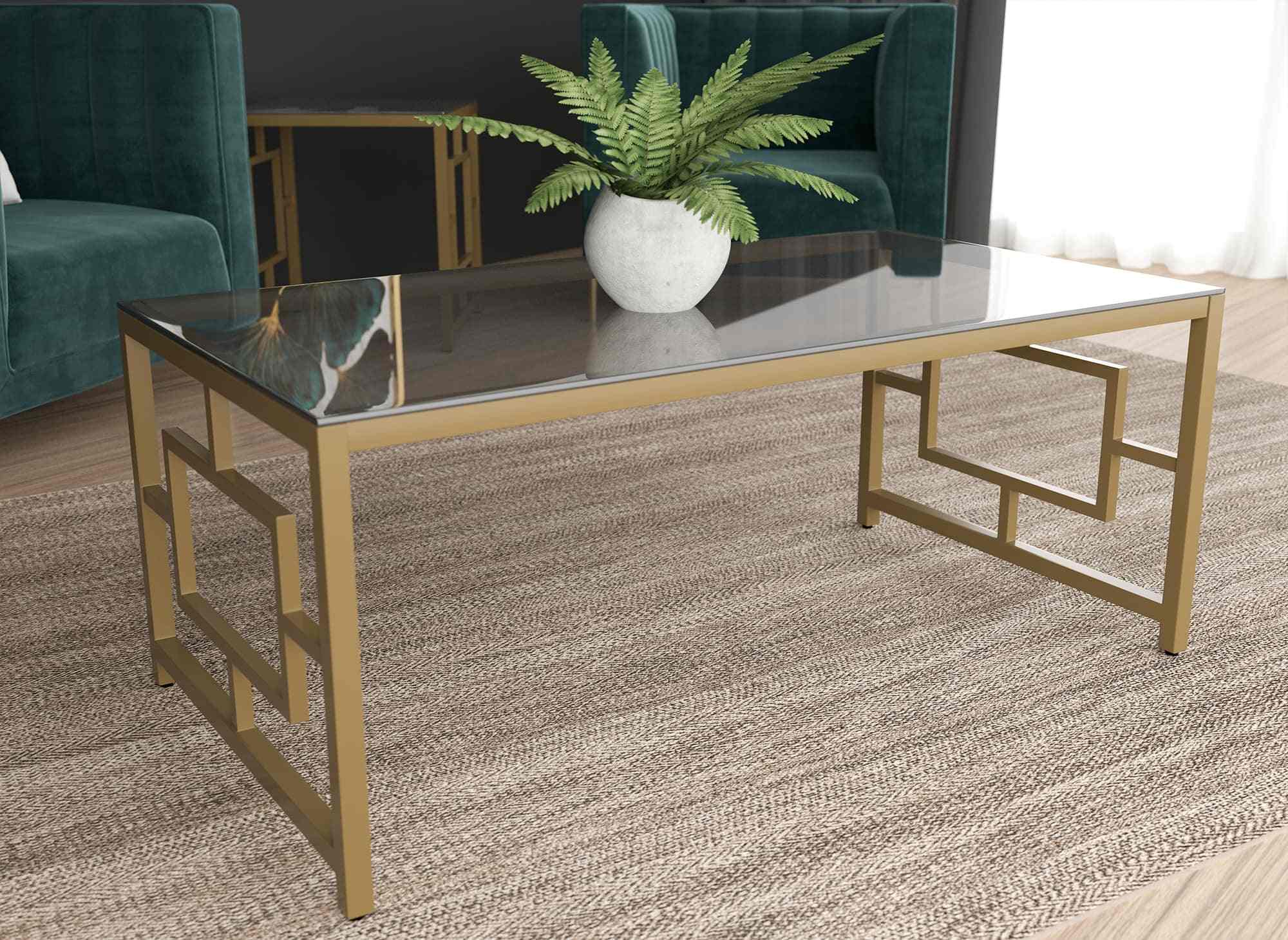 Mesa de centro rectangular de diseño PABLO en cristal negro y metal dorado