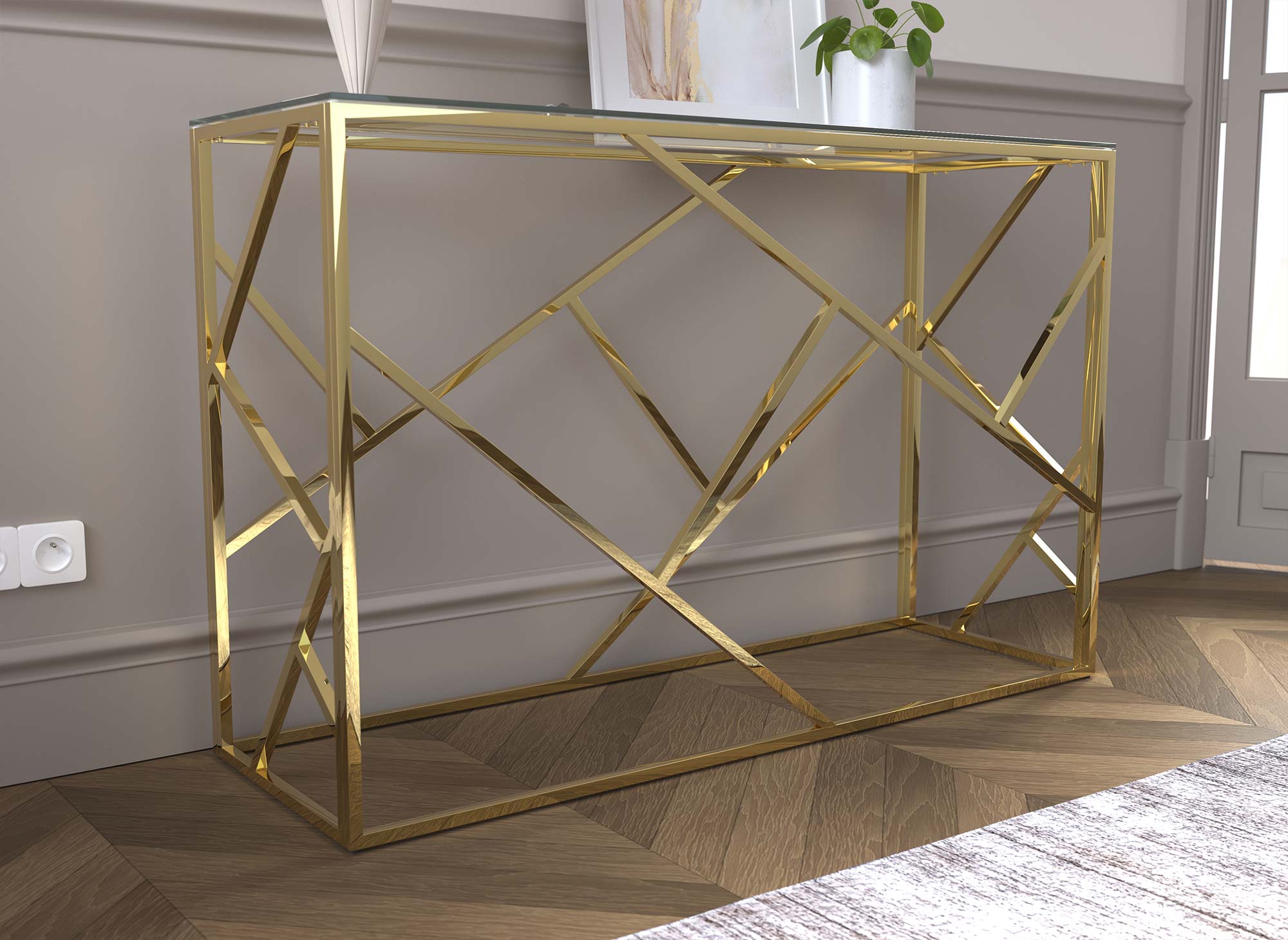 Consola de diseño DELTA en cristal transparente y metal dorado