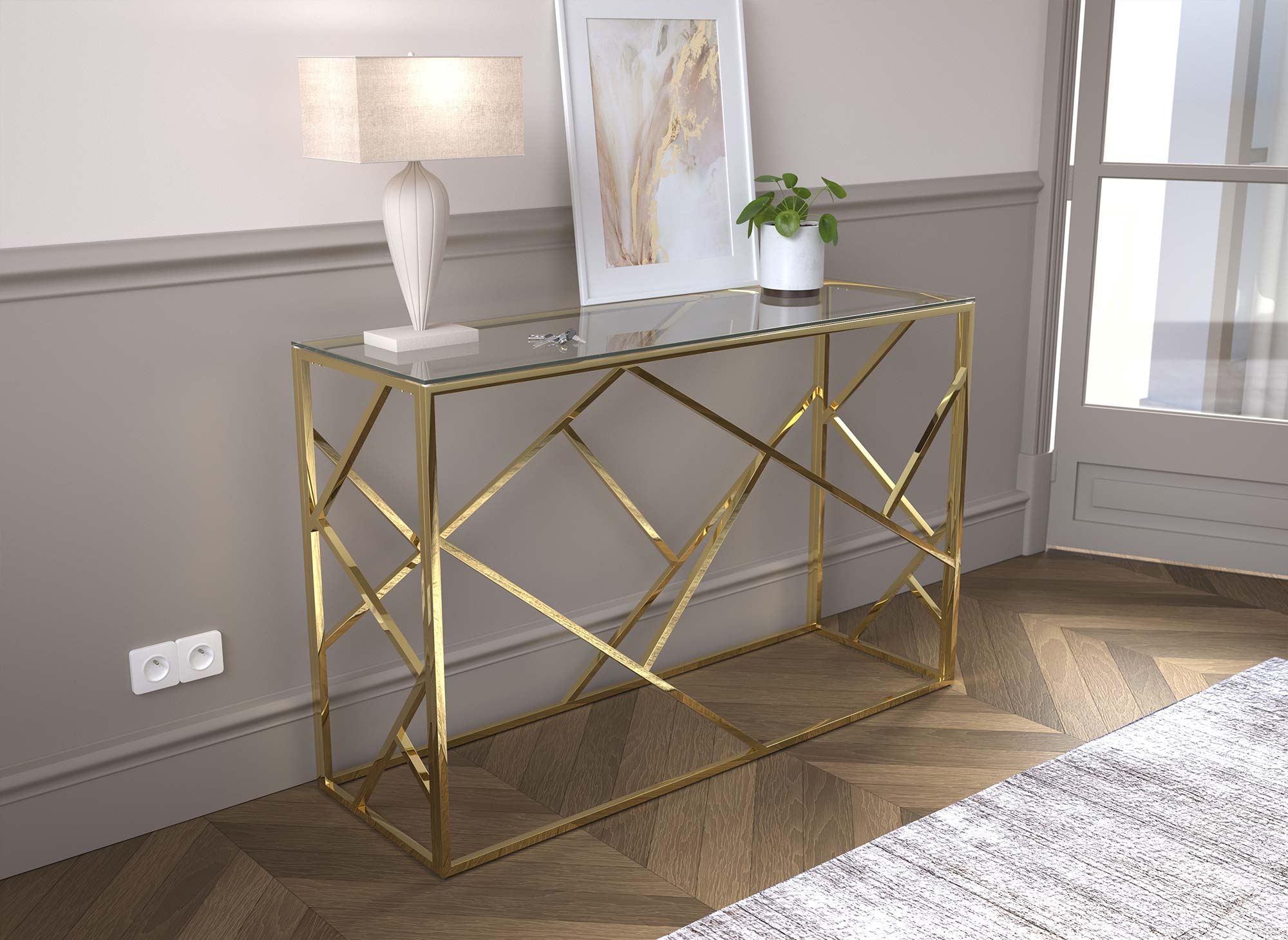 Consola de diseño DELTA en cristal transparente y metal dorado