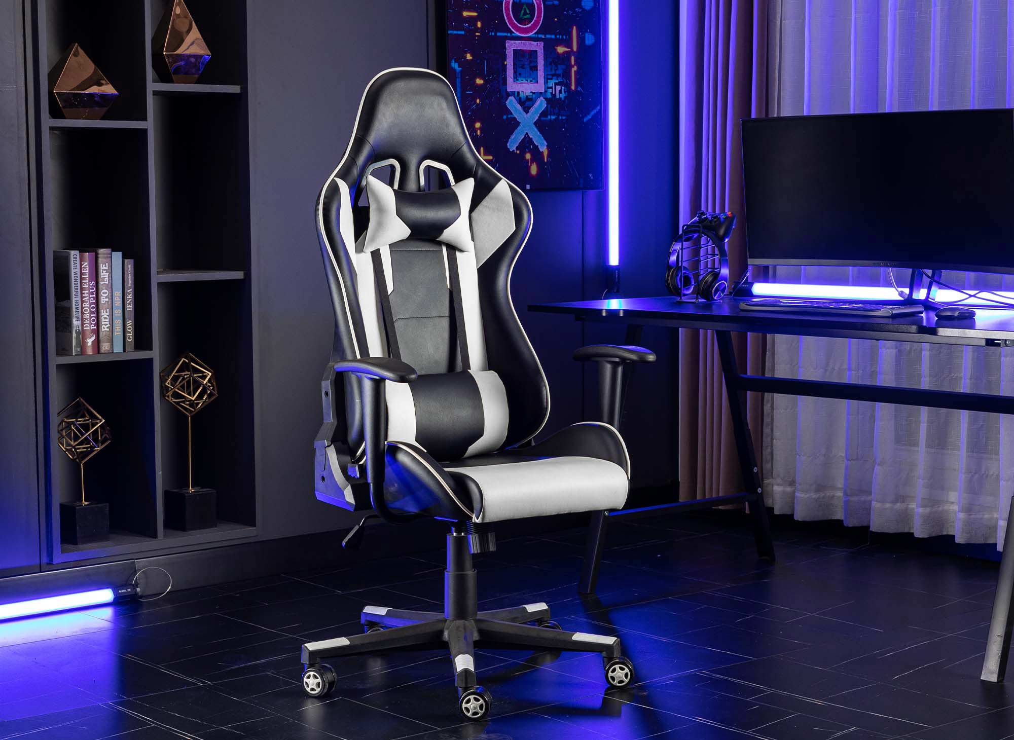 Silla gaming LYHAM de piel sintética blanca y negra