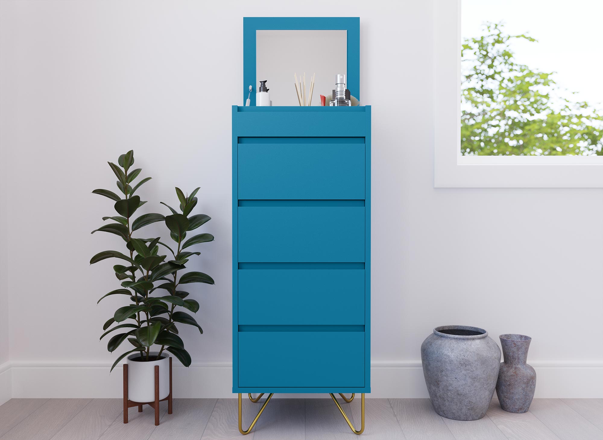 Cómoda DARINA de 4 cajones en color azul pato con tocador integrado