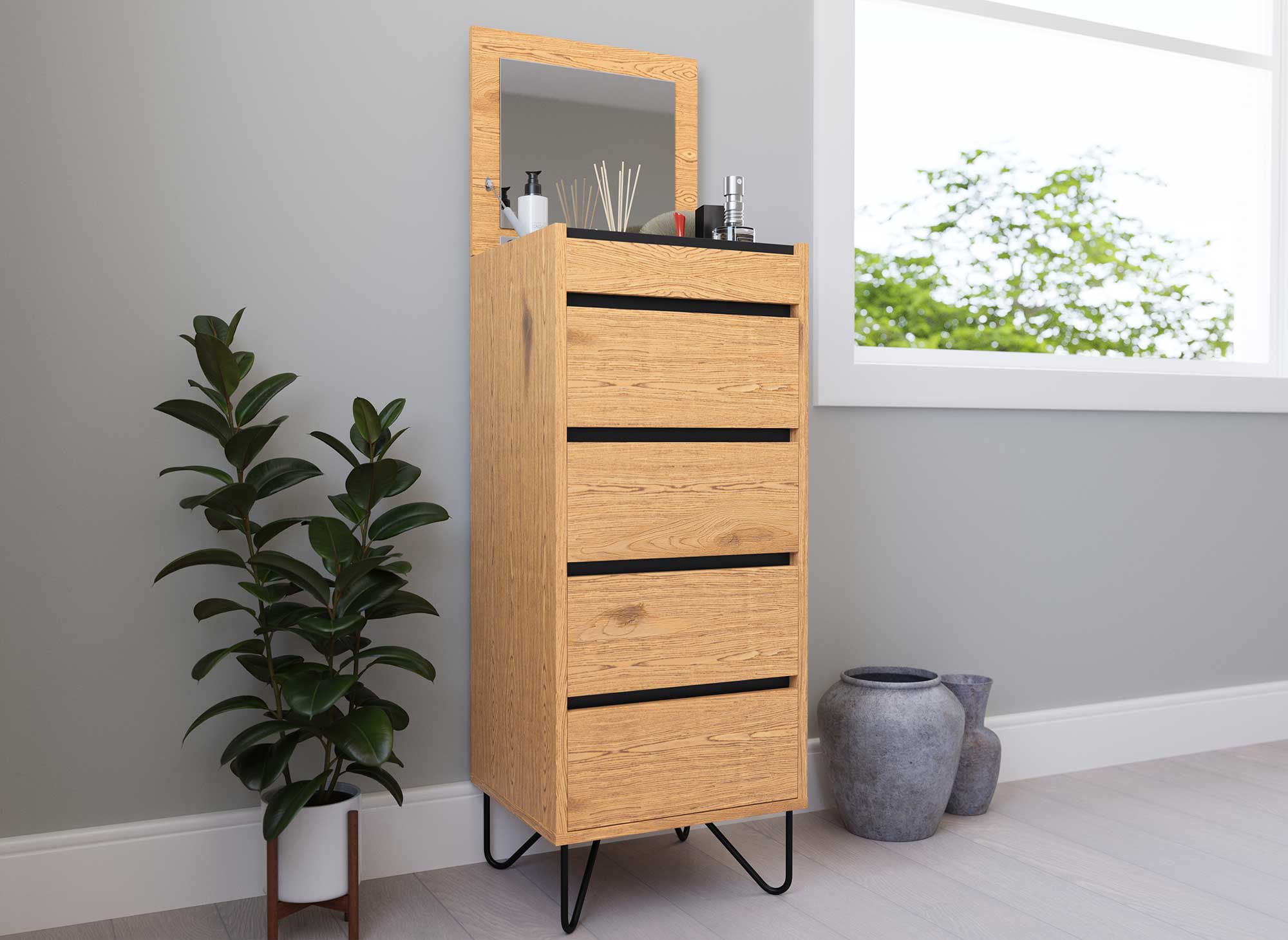 Cómoda de madera DARINA de 4 cajones con tocador integrado