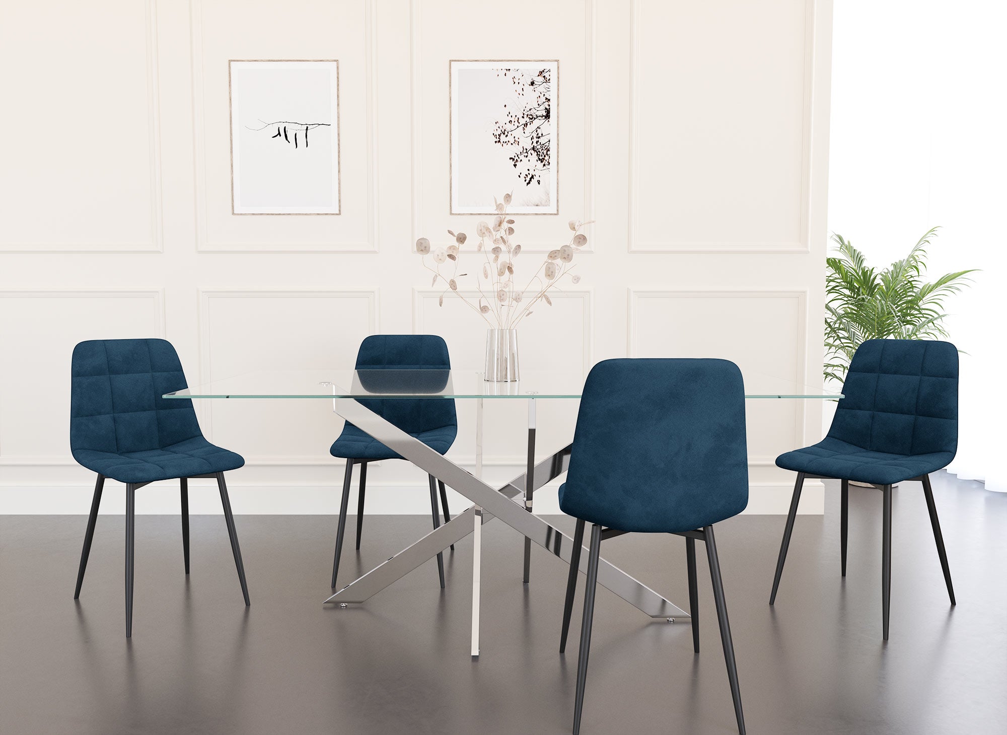 Juego de 4 sillas JEREMI tapizadas en terciopelo azul.