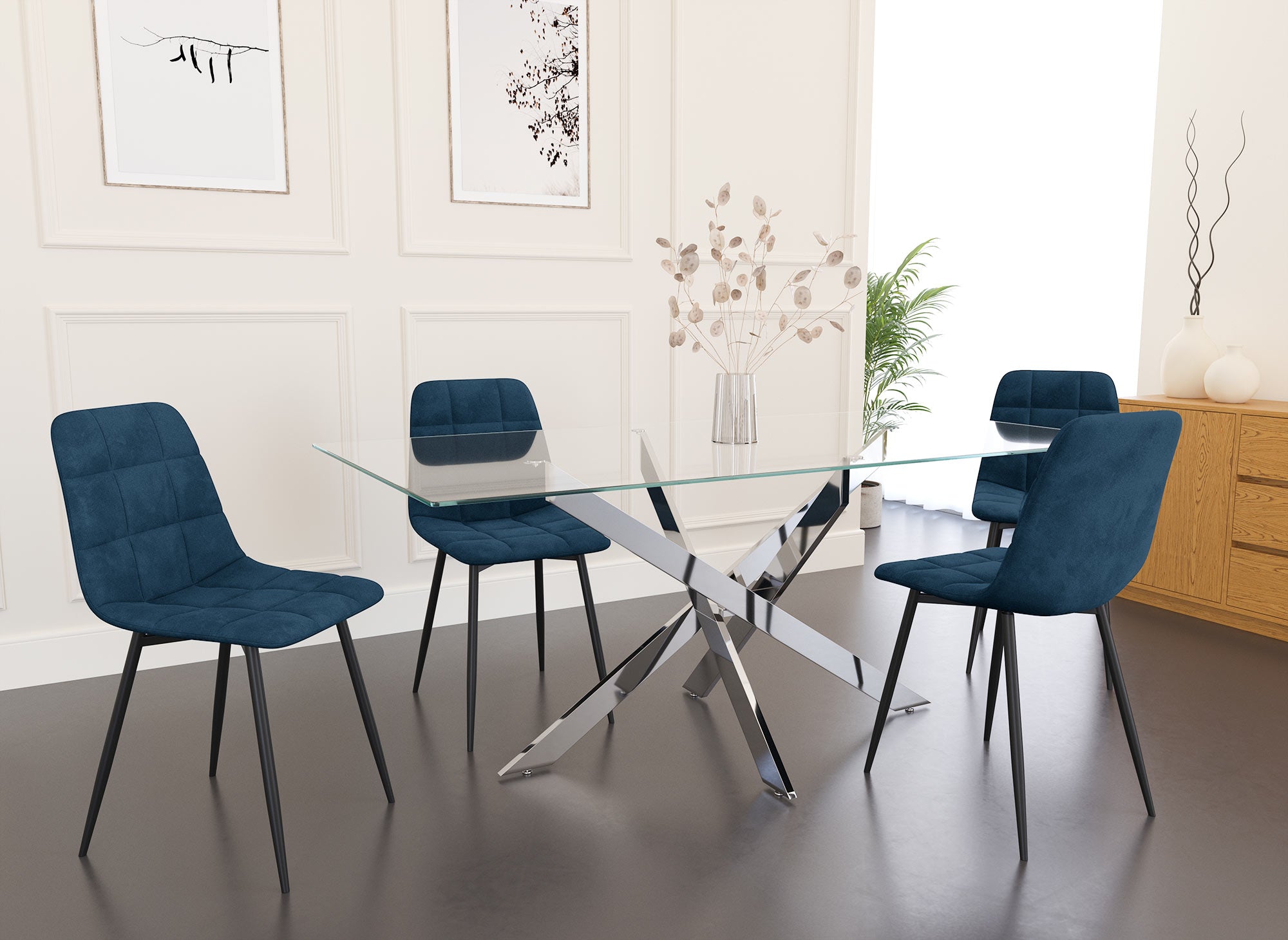 Juego de 4 sillas JEREMI tapizadas en terciopelo azul.