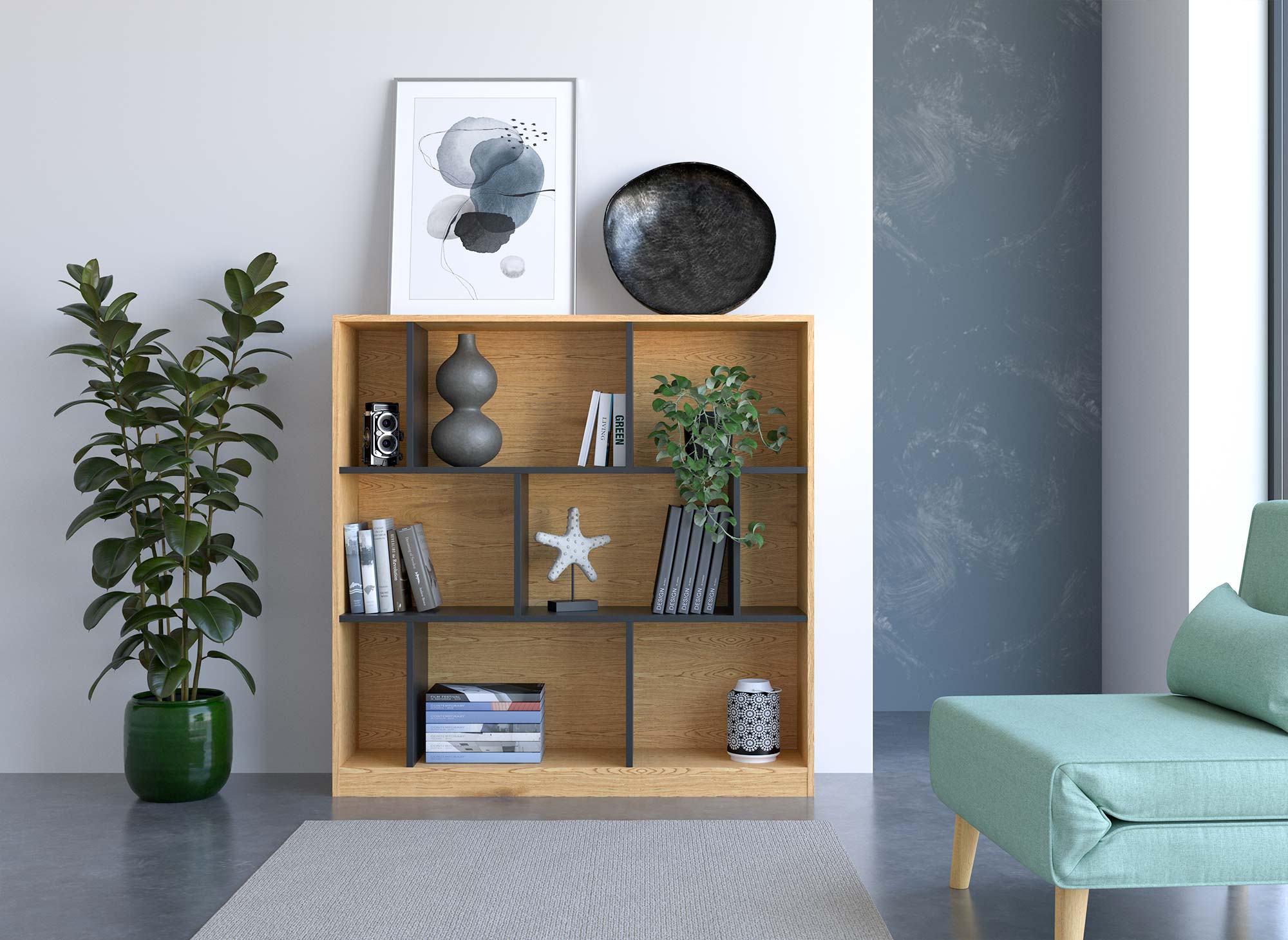 Librería de diseño OFELIA en madera negra y roble con 9 nichos
