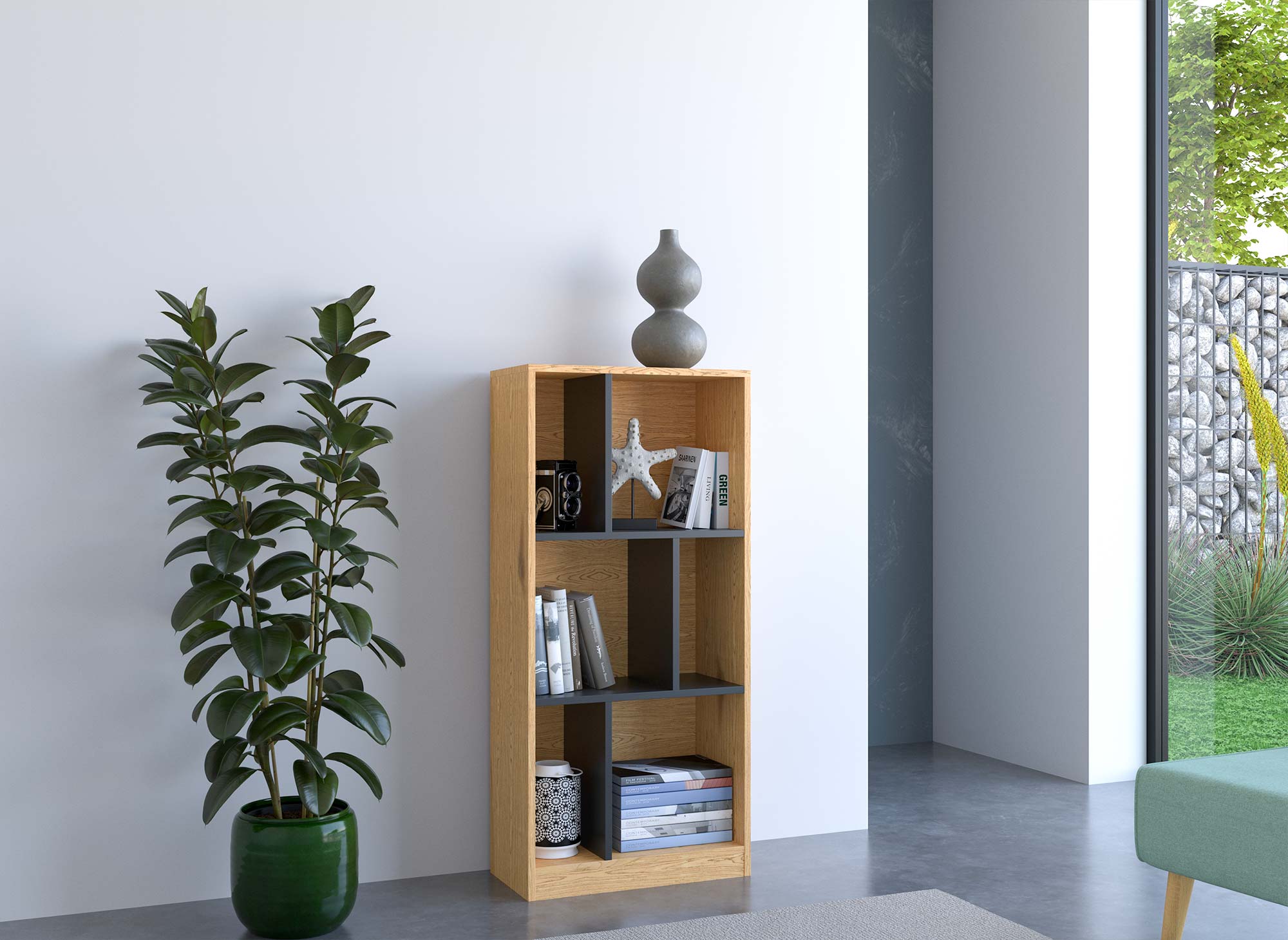Librería de diseño OFELIA en madera negra y roble con 6 nichos