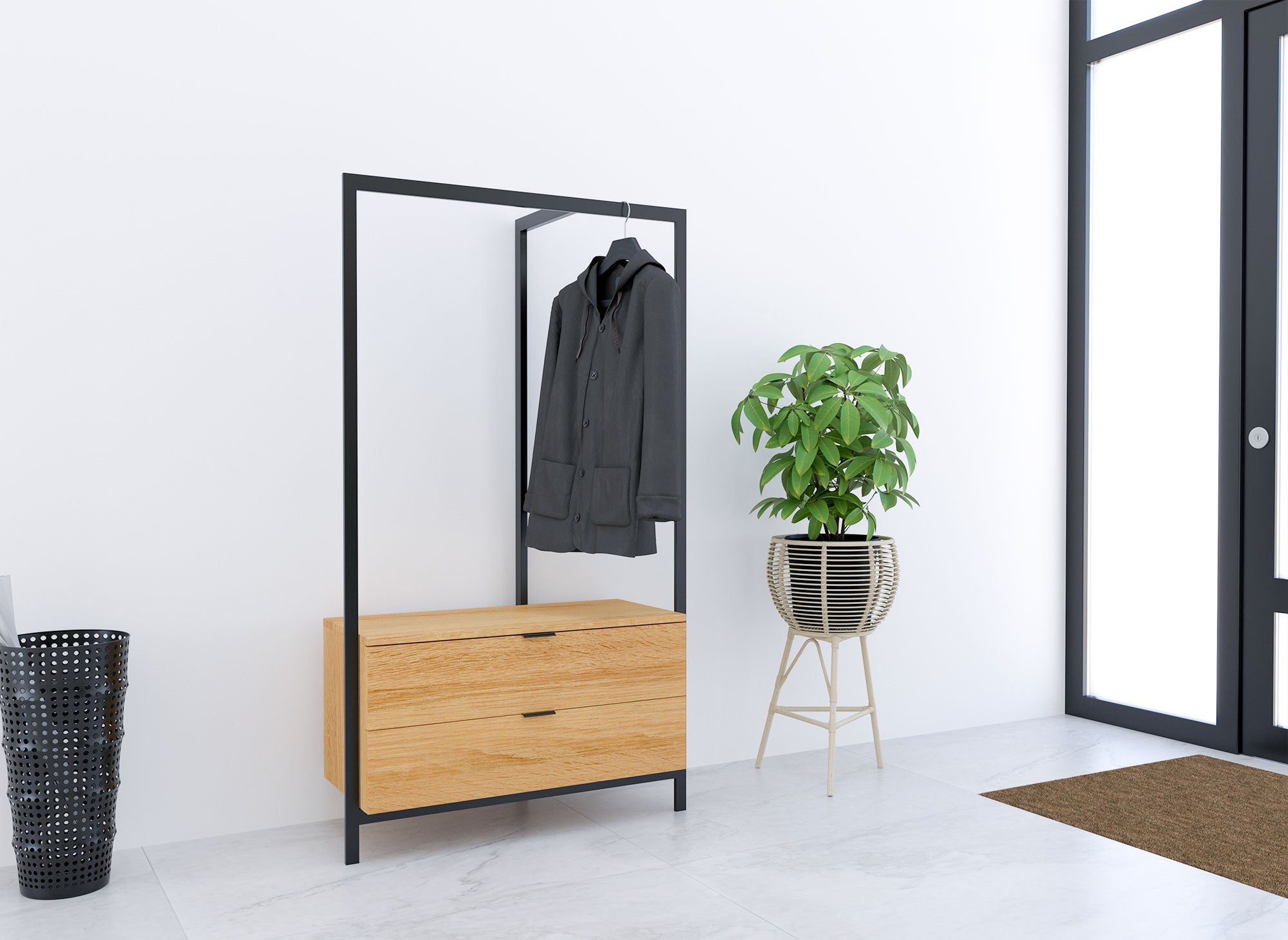 Mueble de entrada GLENN con estante y 2 cajones en madera y metal