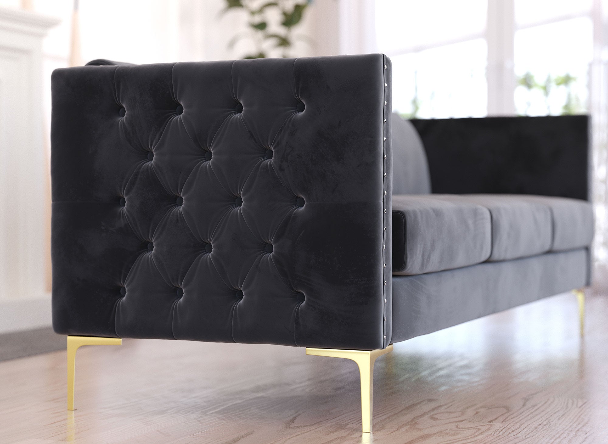 Sofá de 3 plazas CYNTHIA en terciopelo gris