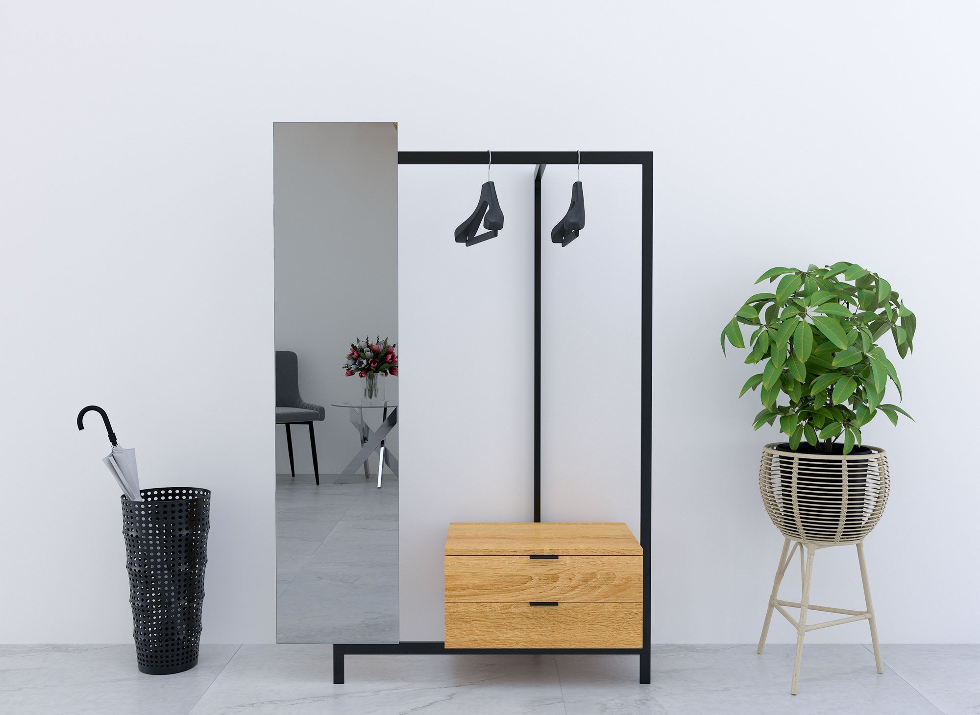 Mueble de entrada GLENN con armario con espejo y 2 cajones en madera y metal.