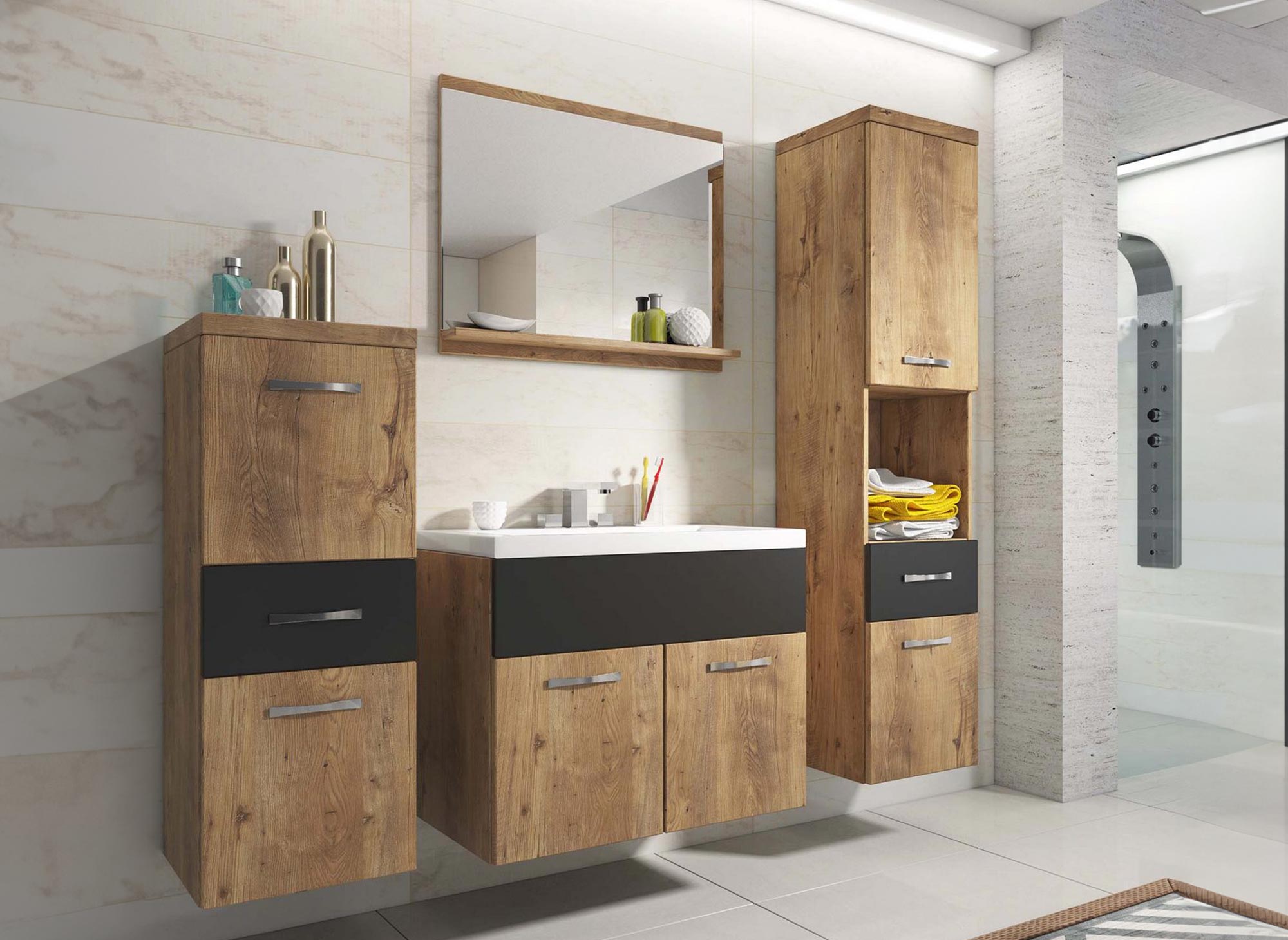 Conjunto de muebles de baño suspendidos - Madera con efecto roble y negro SHELBY