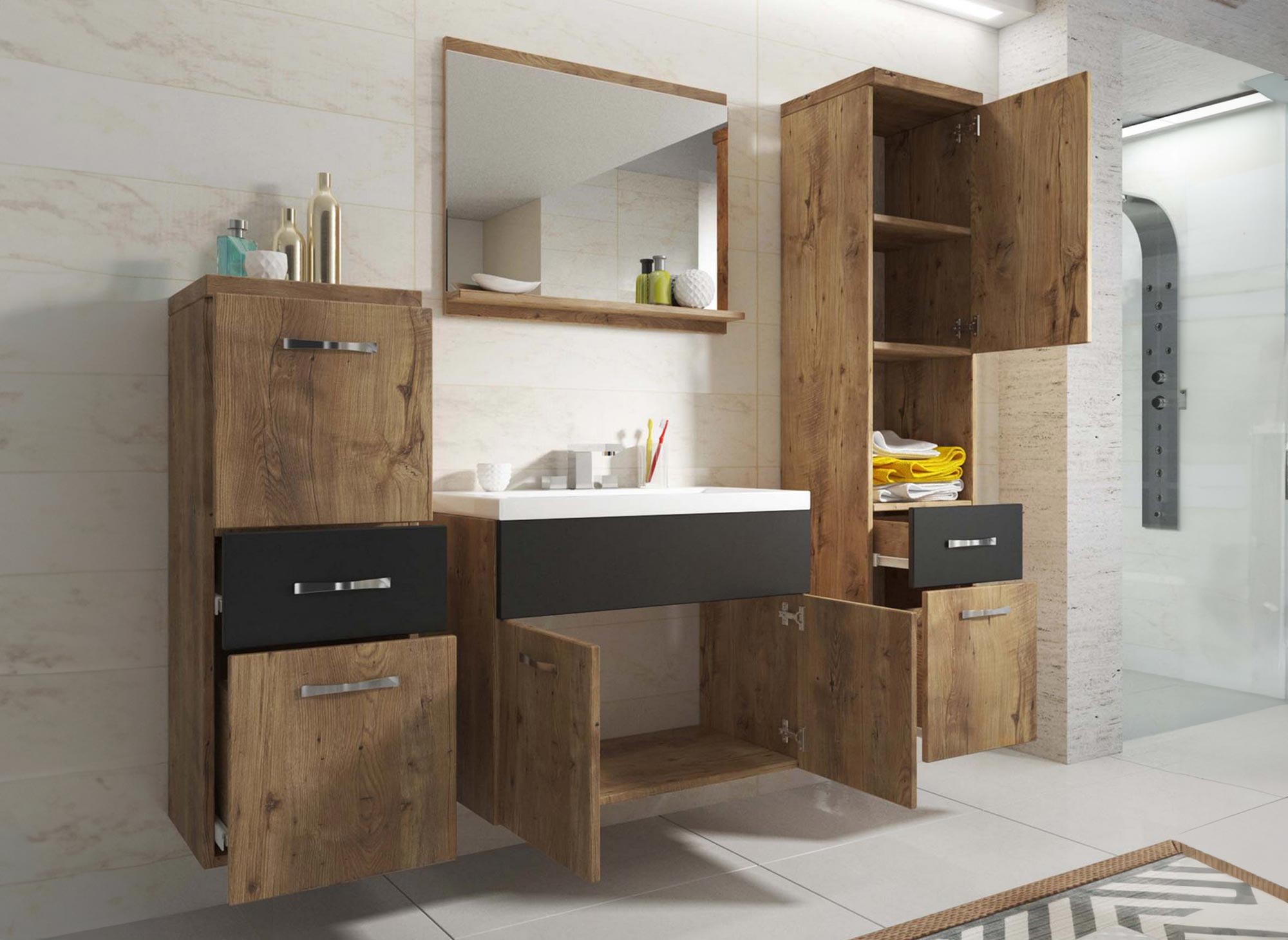 Conjunto de muebles de baño suspendidos - Madera con efecto roble y negro SHELBY