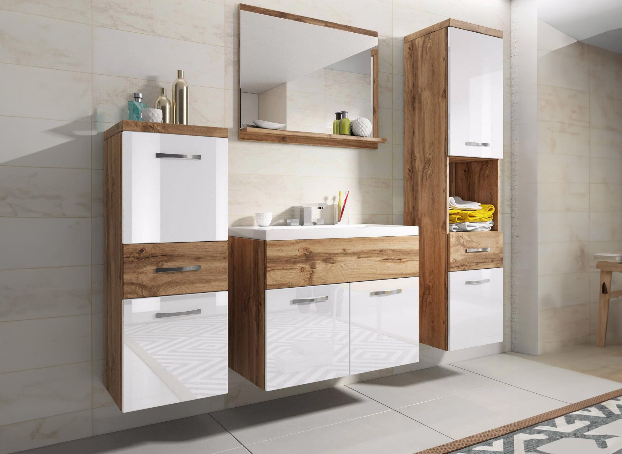 Conjunto de muebles de baño suspendidos - Madera envejecida y blanco SHELBY