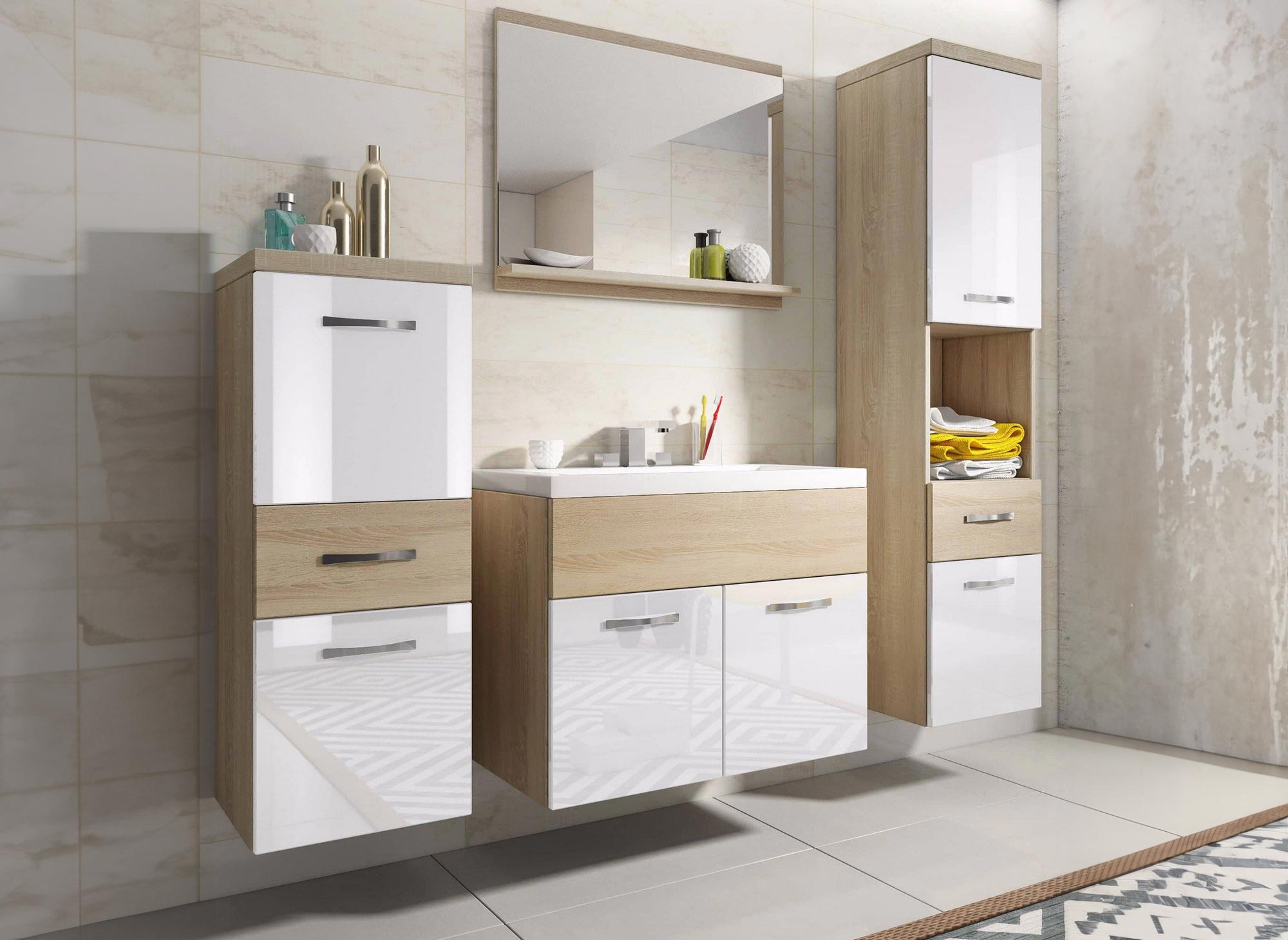 Conjunto de muebles de baño suspendidos - Madera y blanco SHELBY