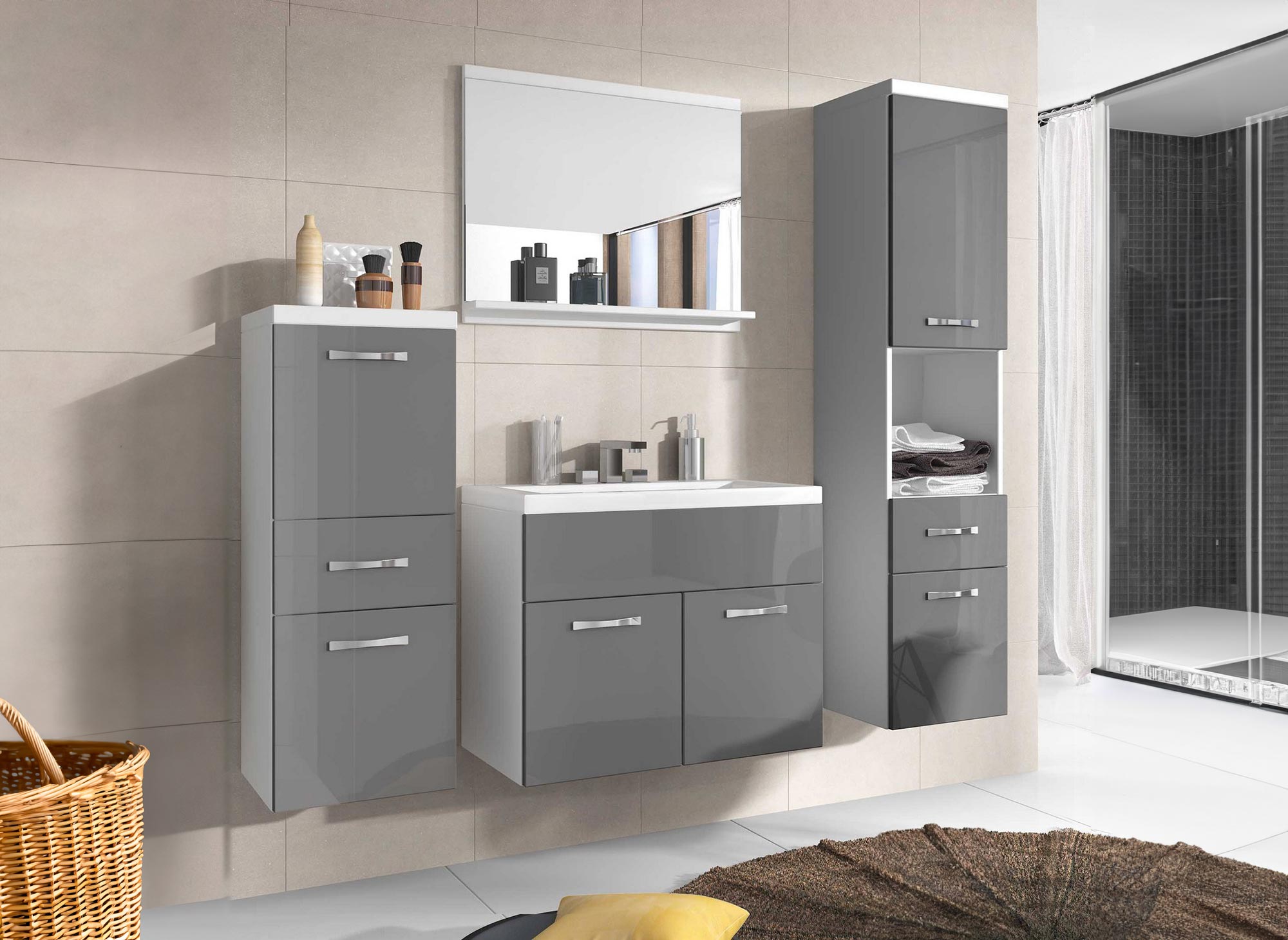 Conjunto de muebles de baño suspendidos - Blanco y gris SHELBY