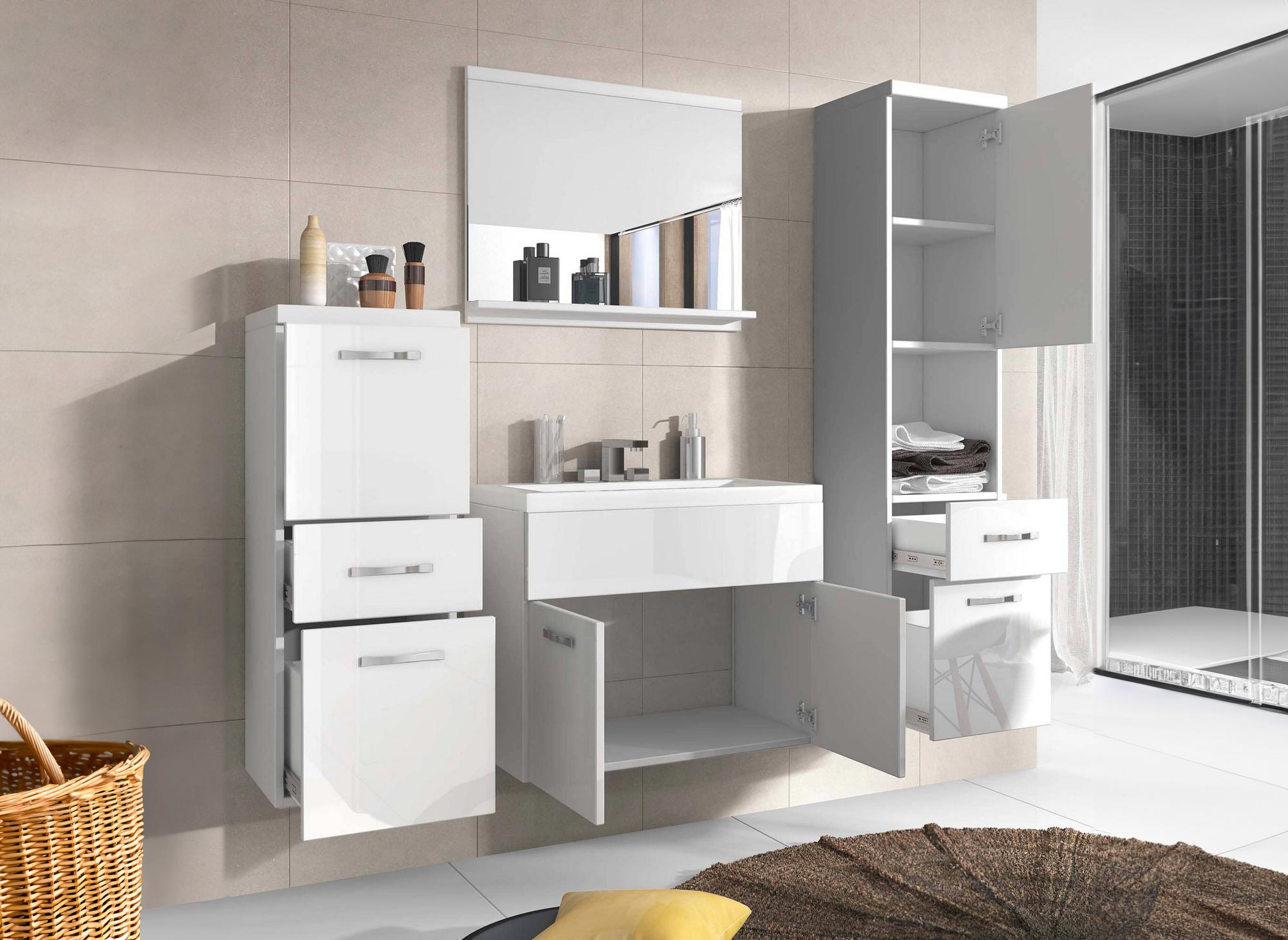 Conjunto de muebles de baño de diseño SHELBY para colgar en la pared - Laca blanca
