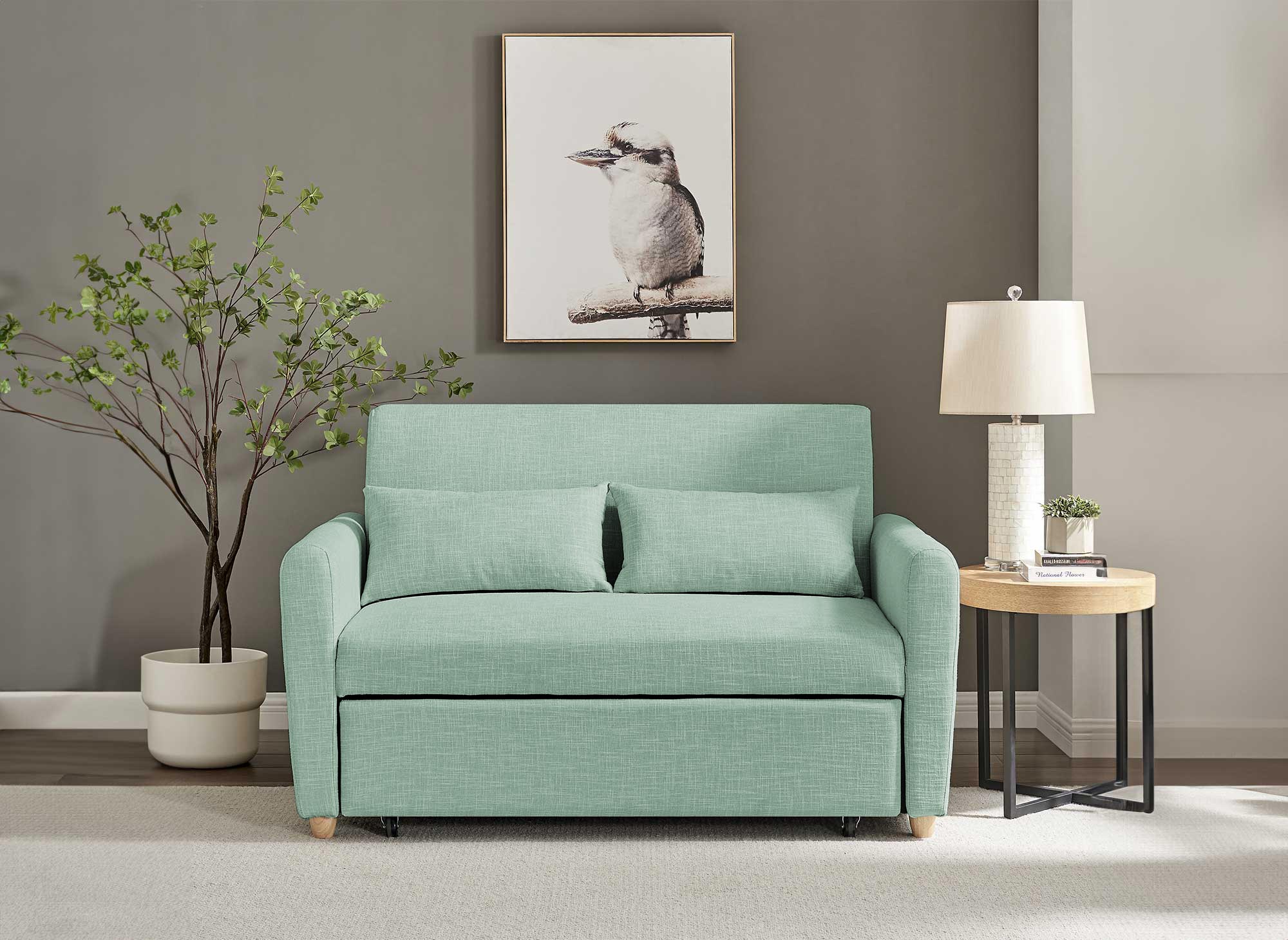 Sofá cama escandinavo convertible KALAYA en tela verde agua