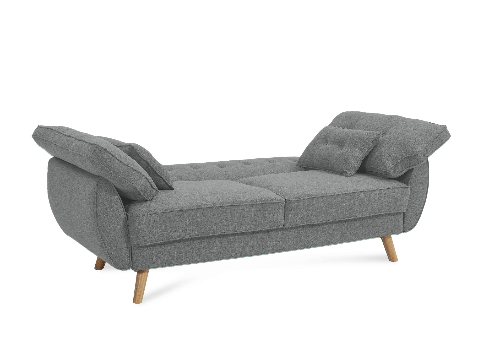 Sofá PANAMA de tela gris claro con mecanismo clic-clac y patas de madera