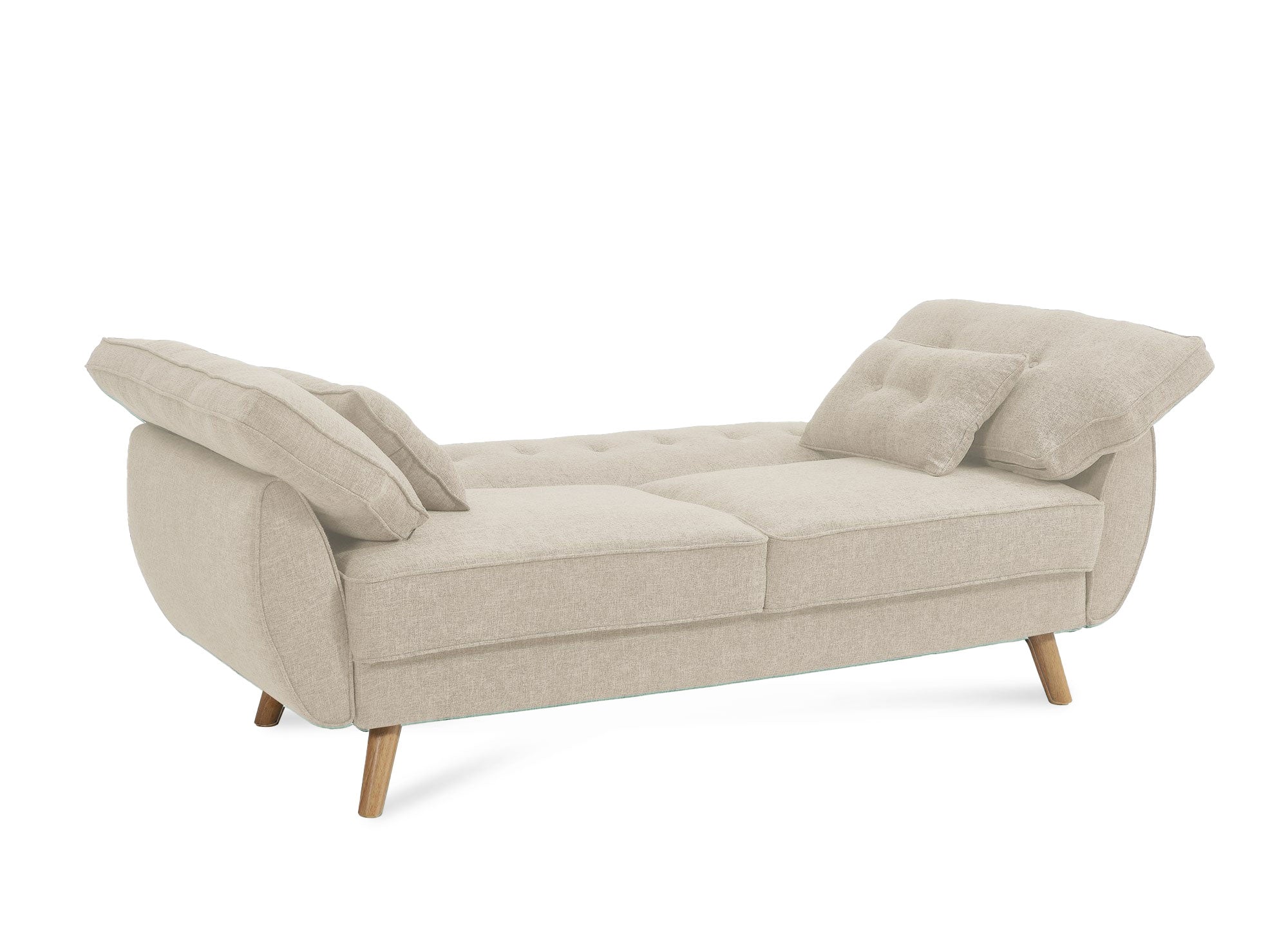 Sofá PANAMA de tela beige con mecanismo clic-clac y patas de madera