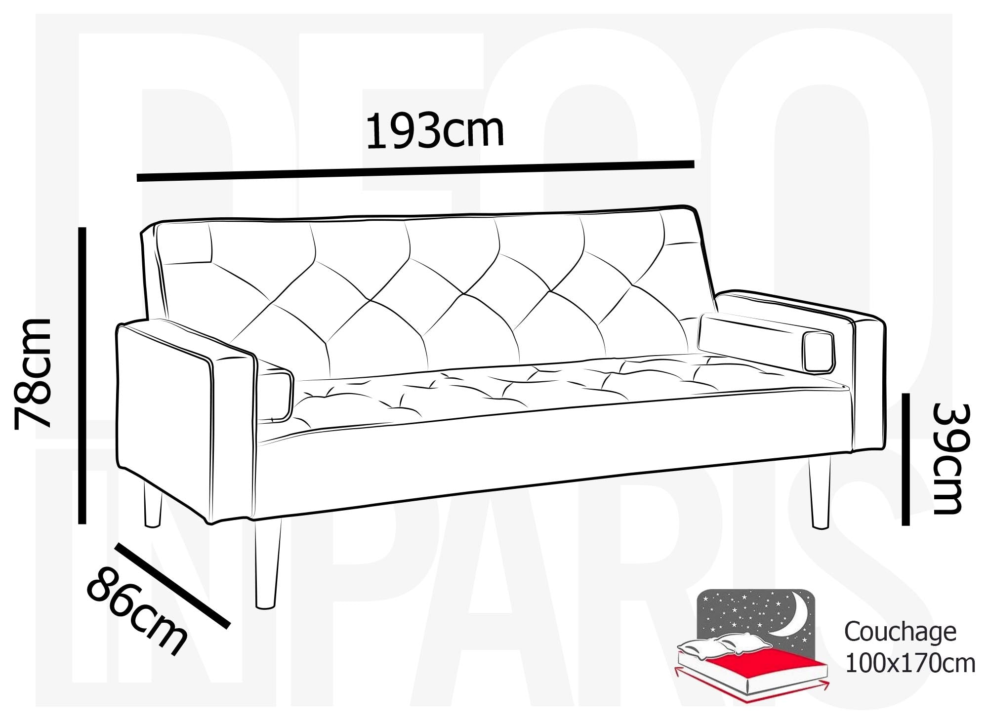 Sofá JAKARTA click-clack tapizado en tela color verde azulado con patas de madera