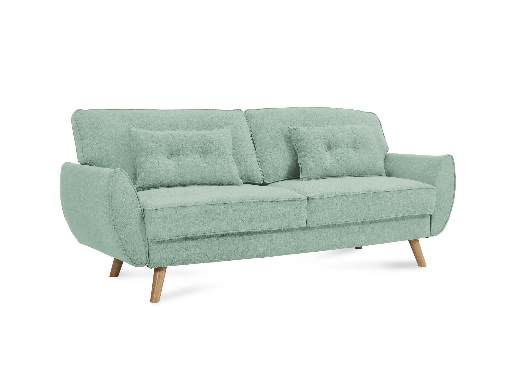 Sofá Panama clic-clack tapizado en tela verde claro con patas de madera