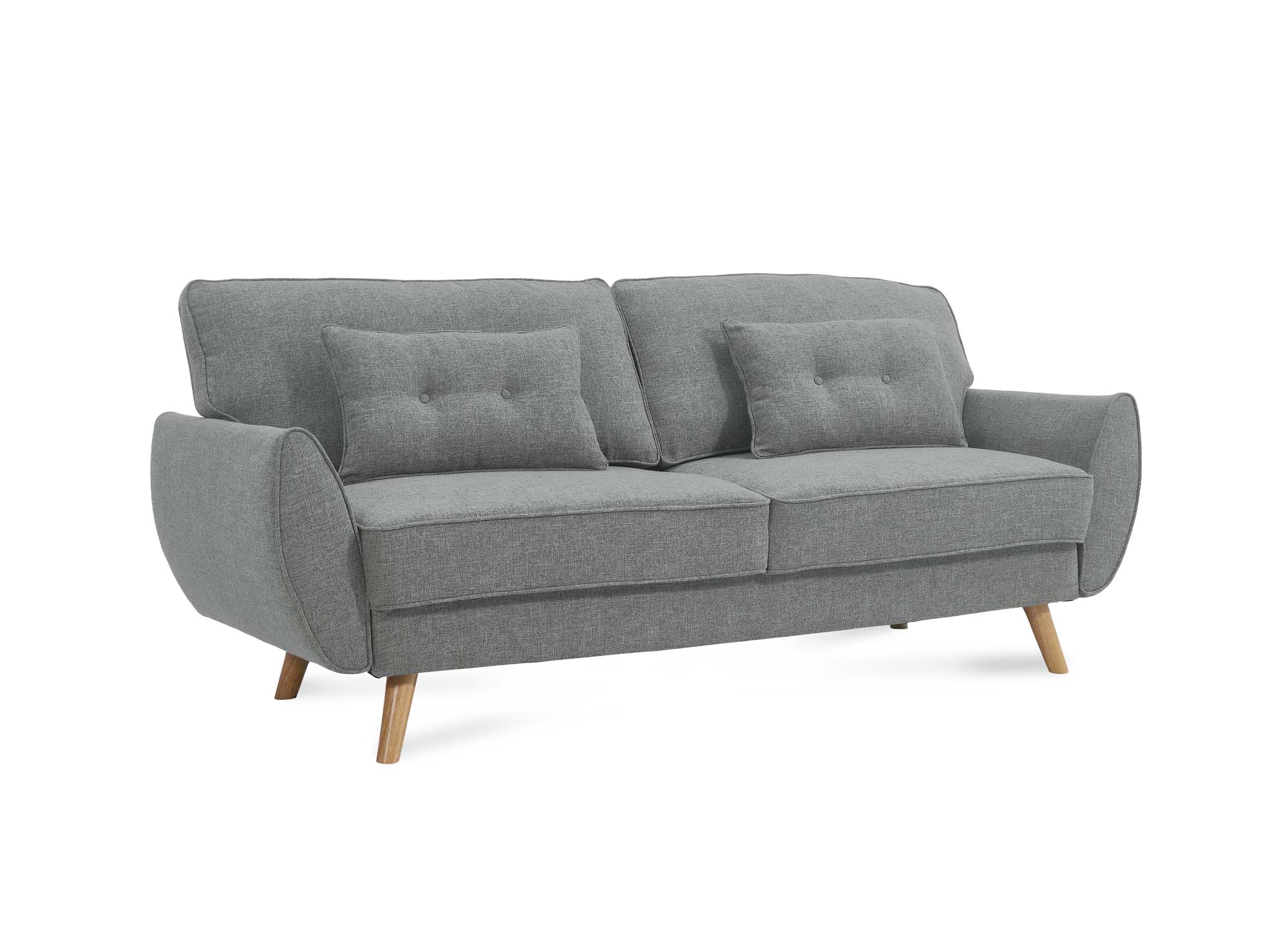 Sofá PANAMA de tela gris claro con mecanismo clic-clac y patas de madera