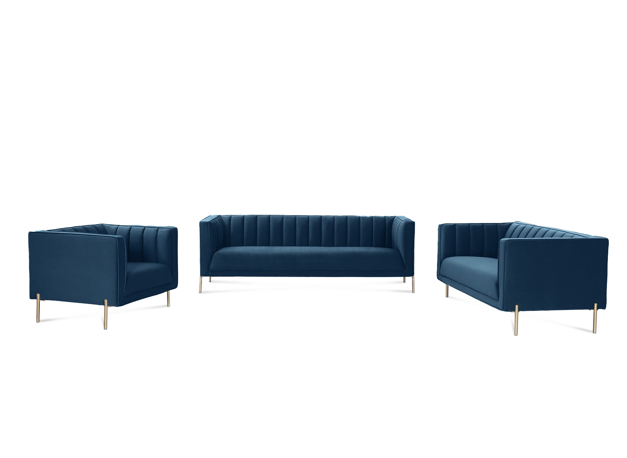 Sillón moderno ROBY en terciopelo azul con patas doradas