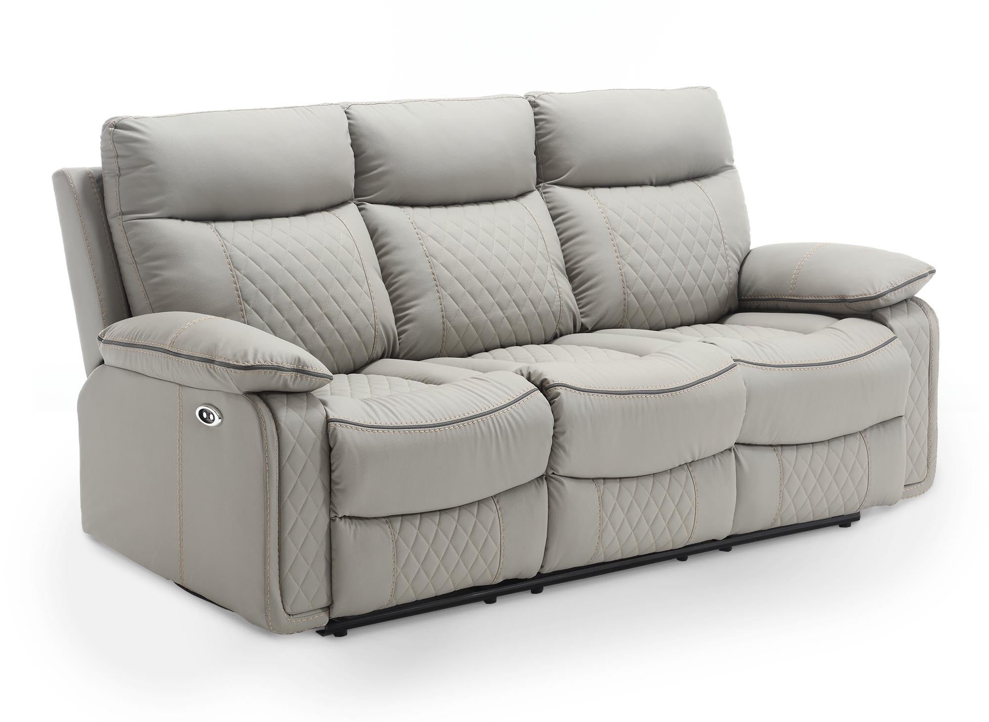 Sofá reclinable eléctrico de 3 plazas ELISE en piel sintética gris claro