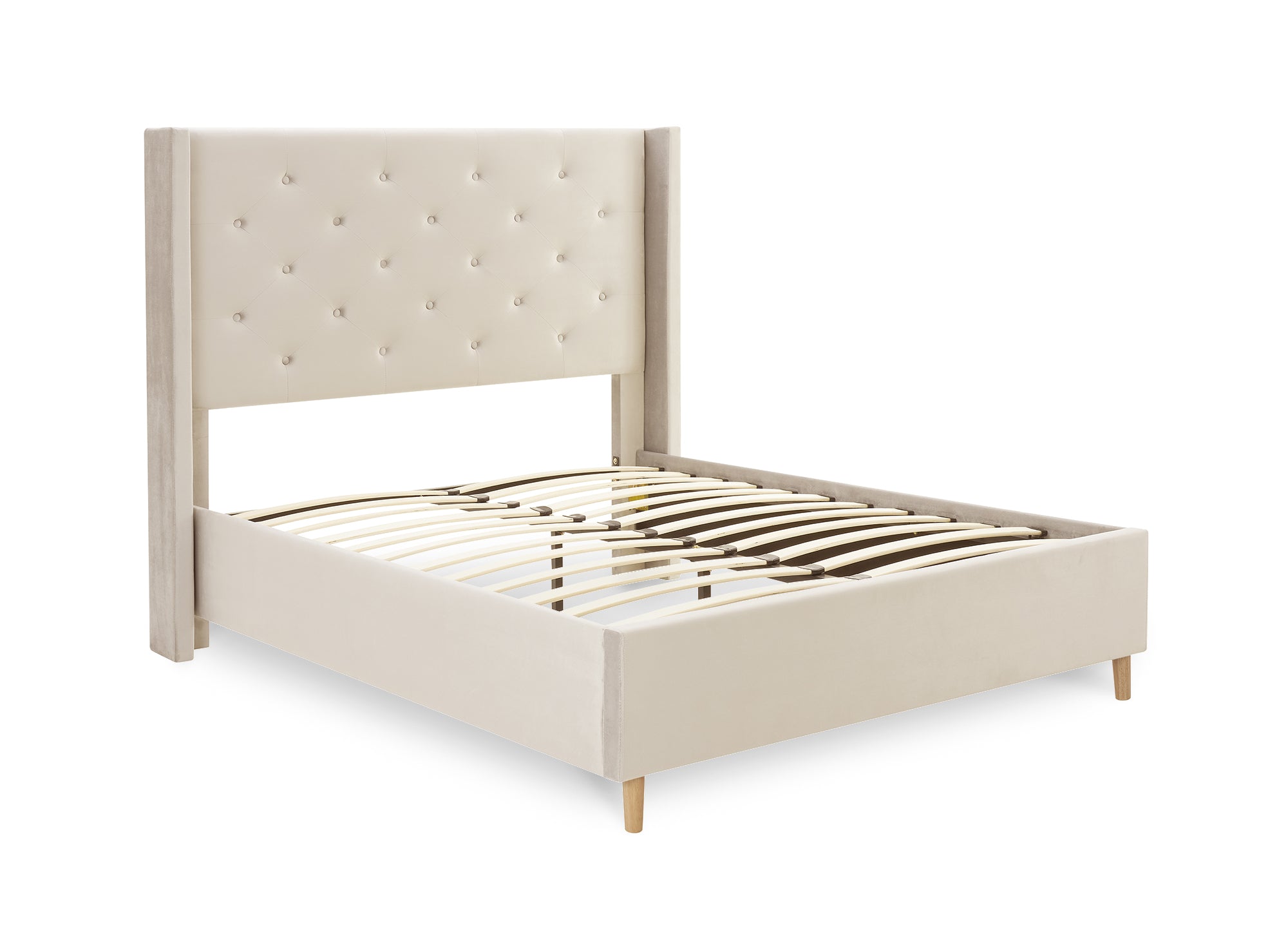 Cama doble MAREVA de terciopelo capitoné beige, 140x190 cm