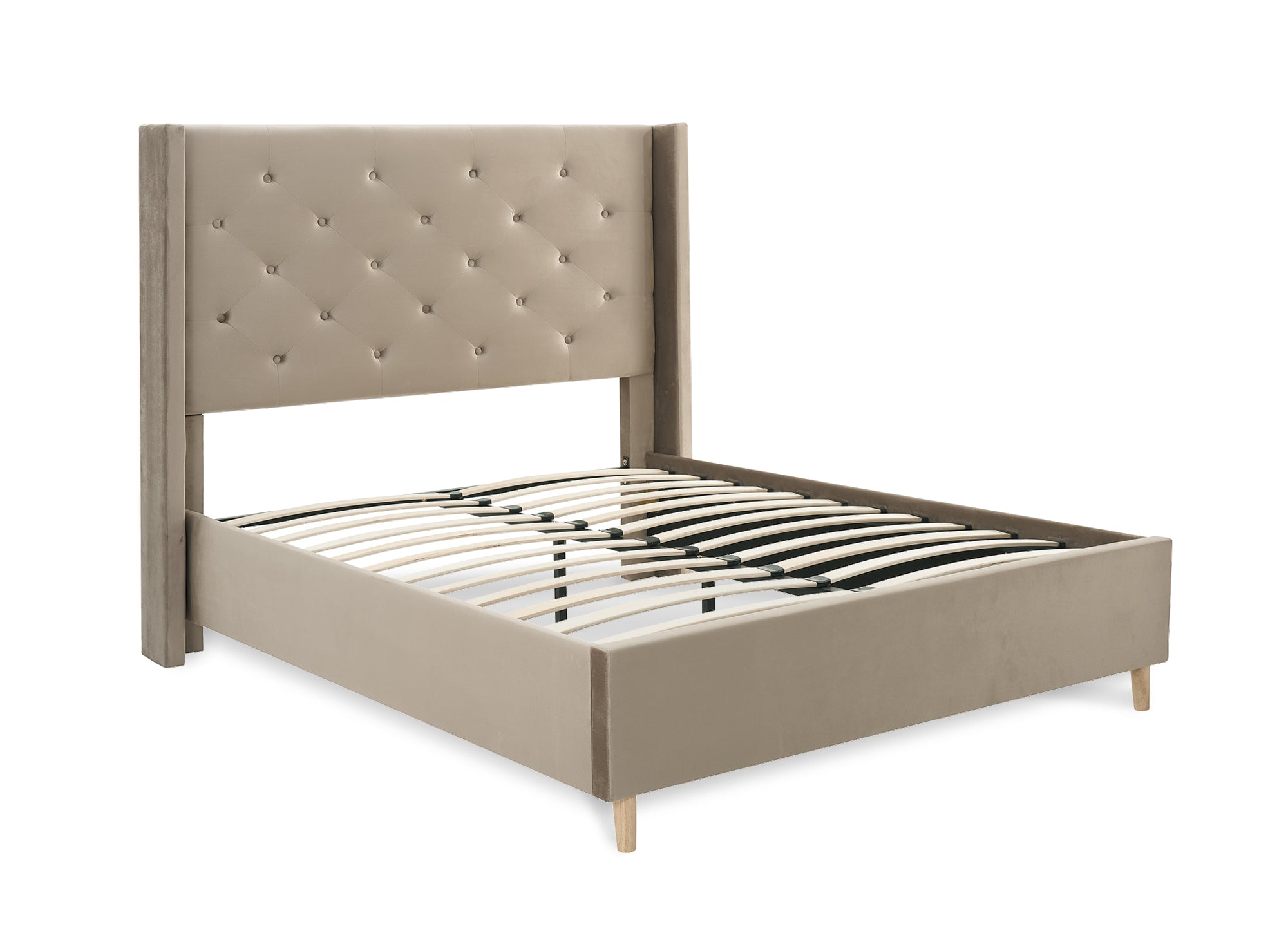 Cama doble tapizada en terciopelo color topo MAREVA de 140x190 cm