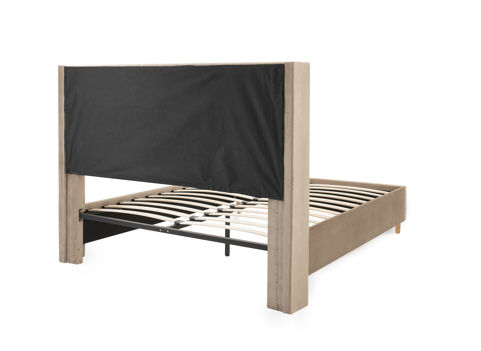 Cama doble tapizada en terciopelo color topo MAREVA de 140x190 cm