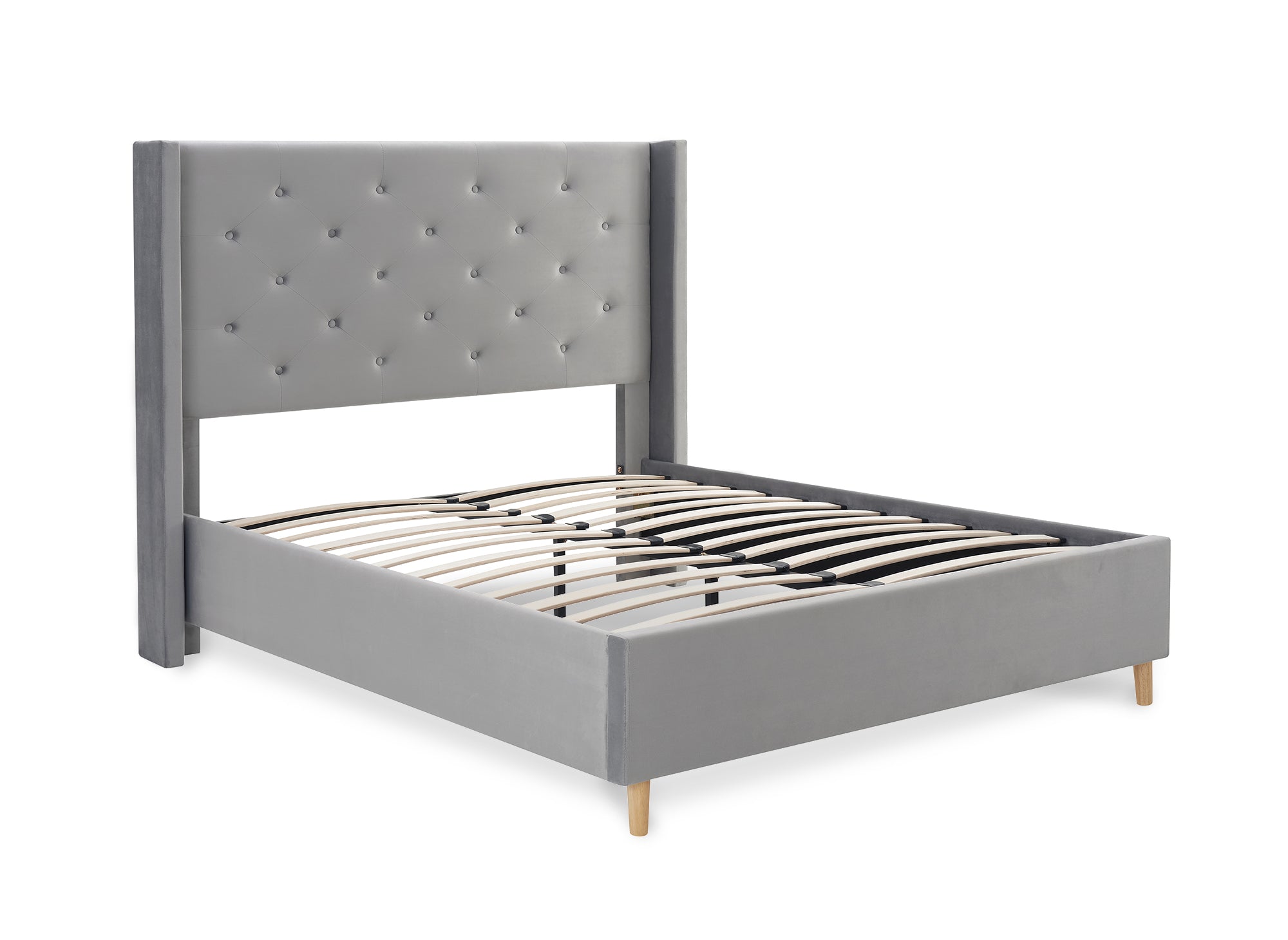 Cama doble MAREVA de terciopelo gris capitoné, 140x190 cm