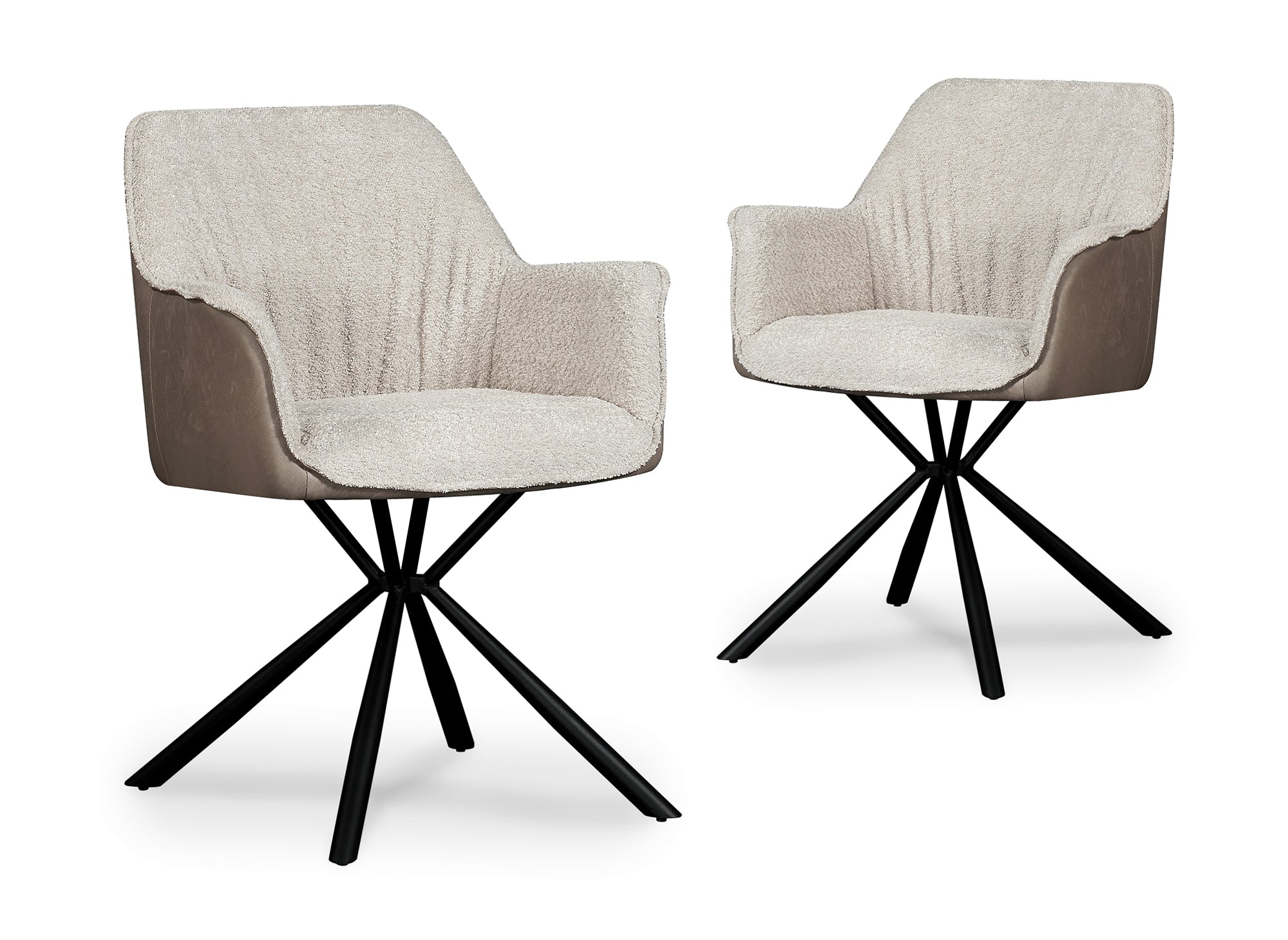 Juego de 2 sillas PIRO con reposabrazos en tela bouclé beige y piel sintética marrón