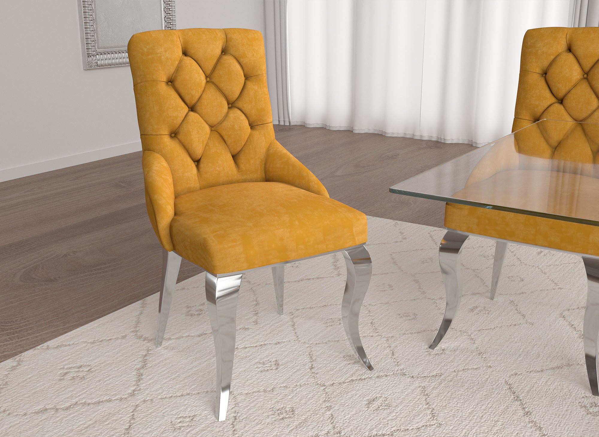 Juego de 2 sillas barrocas ROCCO en terciopelo mostaza con patas plateadas
