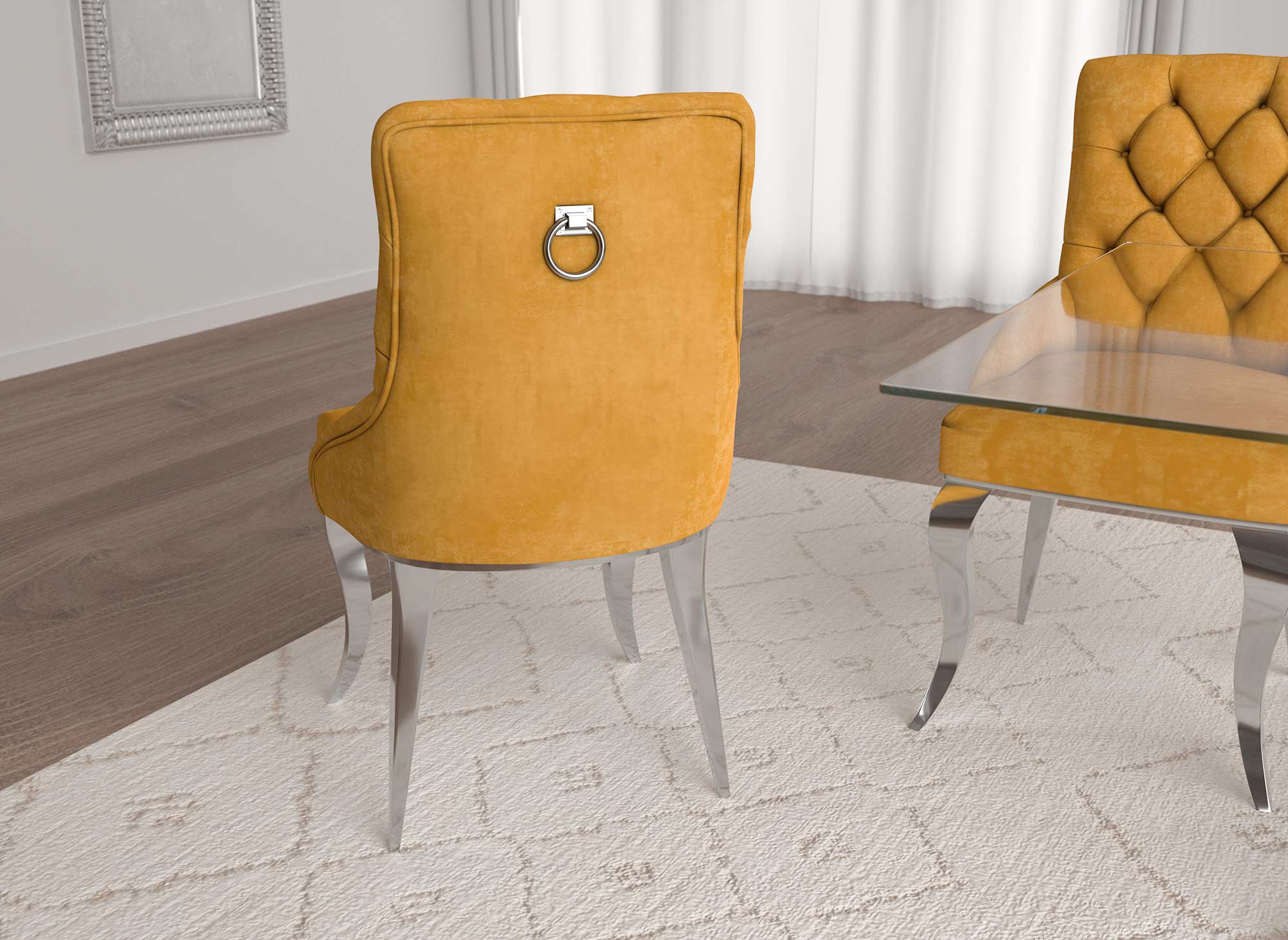 Juego de 2 sillas barrocas ROCCO en terciopelo mostaza con patas plateadas