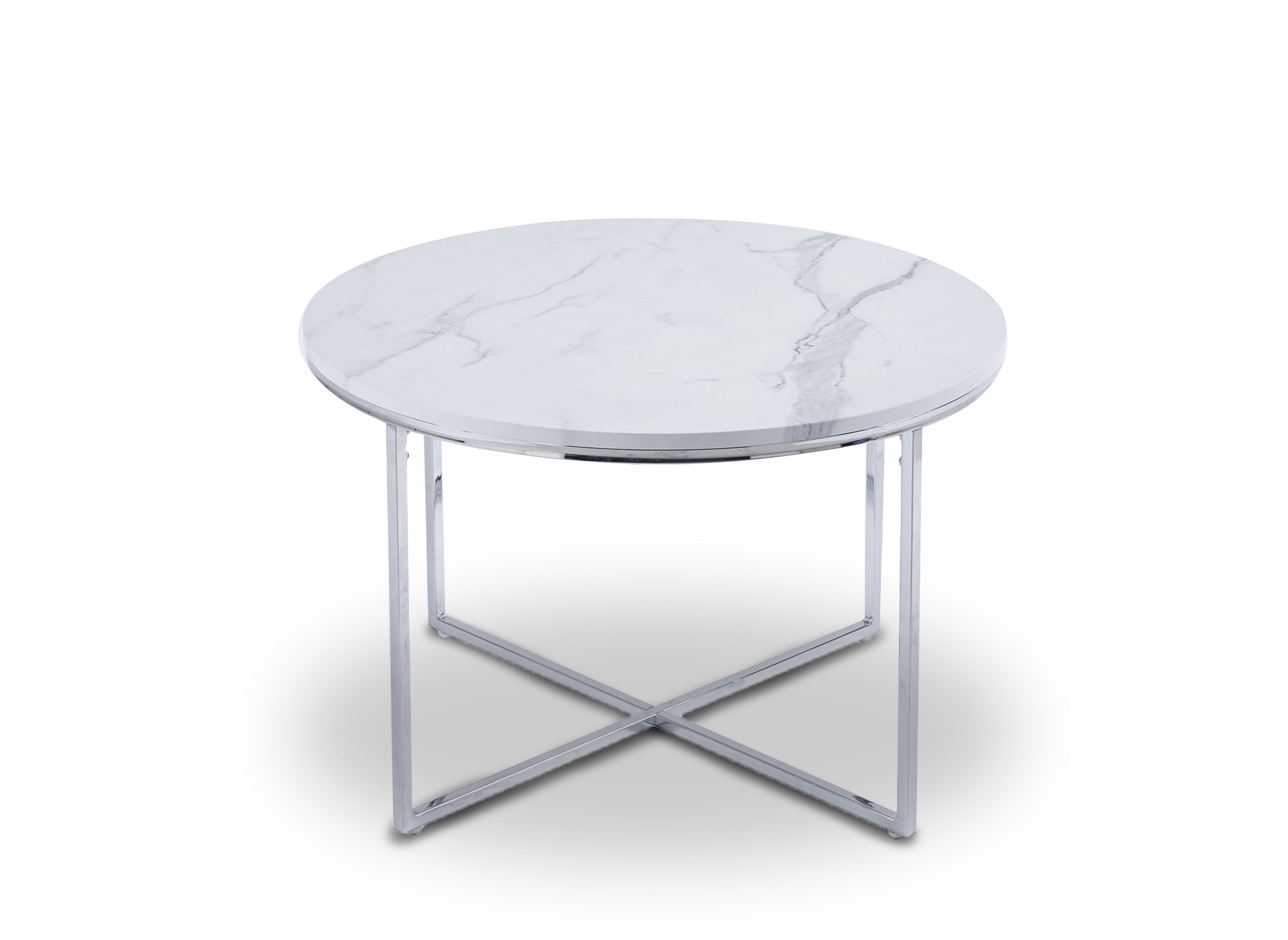 Mesa de centro redonda ROYCE con efecto mármol y patas cromadas