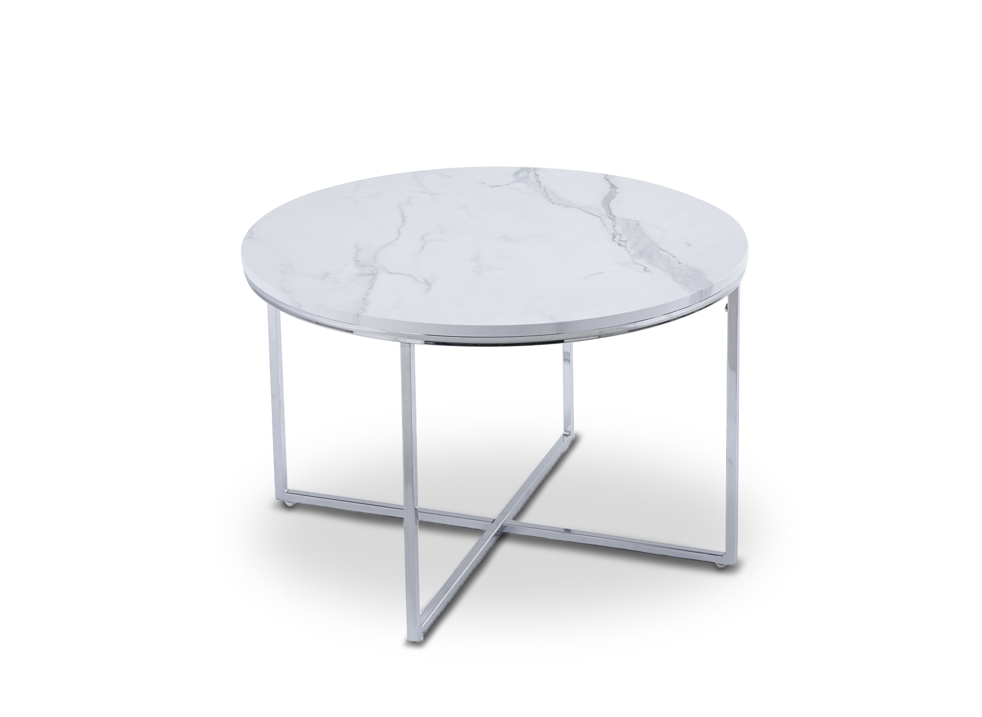 Mesa de centro redonda ROYCE con efecto mármol y patas cromadas