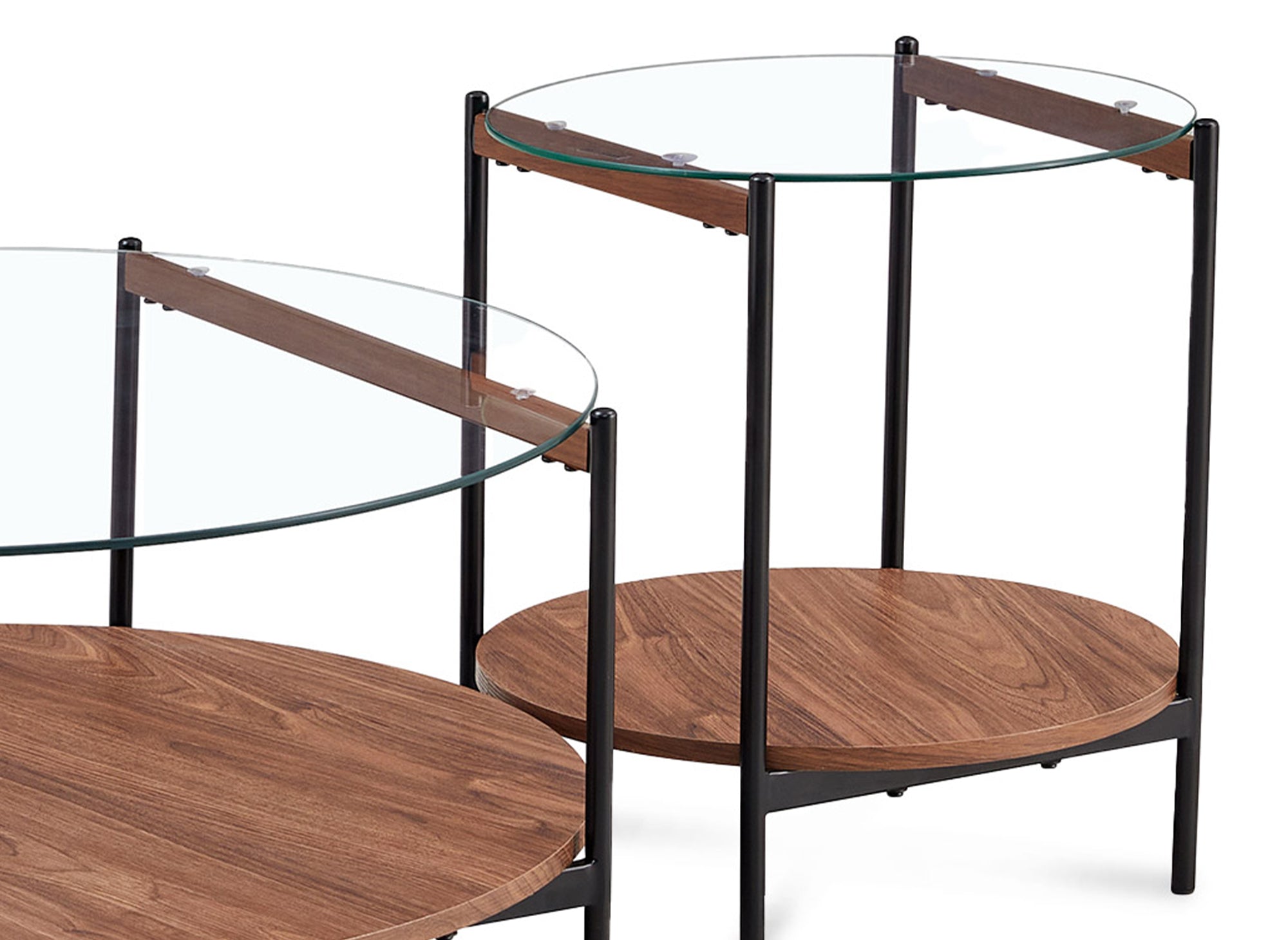 Juego de 2 mesas de centro redondas de cristal, madera y metal RIZZO