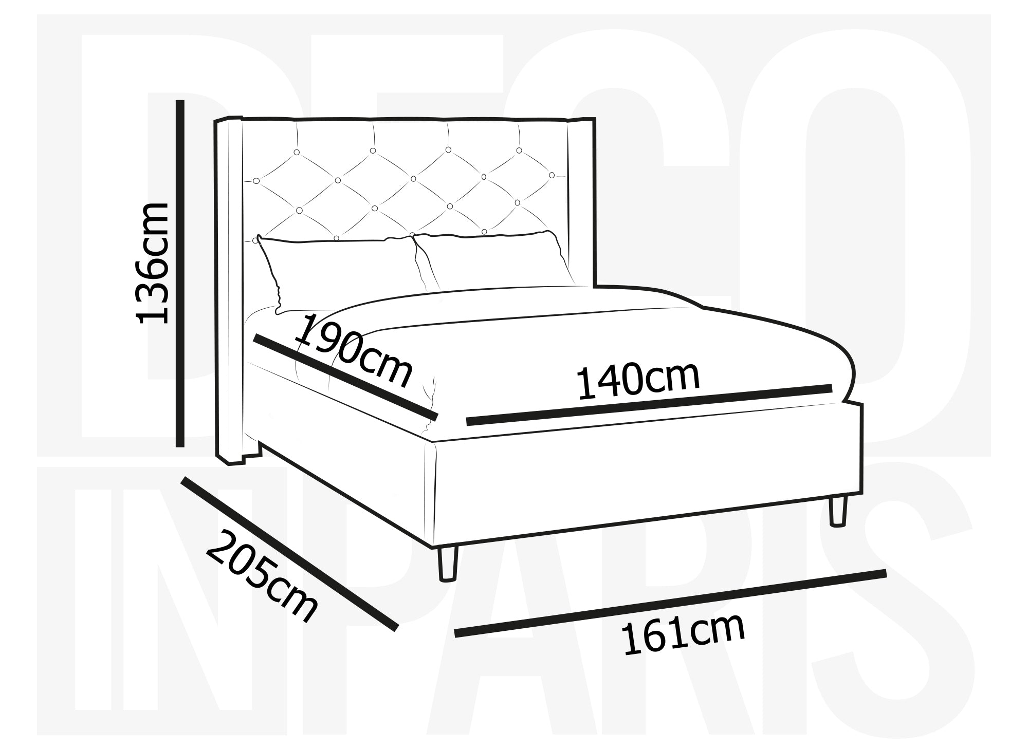 Cama doble tapizada en terciopelo color topo MAREVA de 140x190 cm